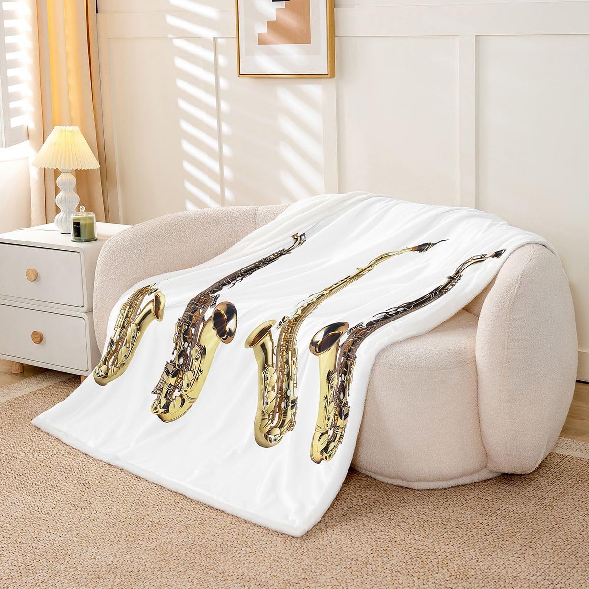 Feelyou Saxophone Print Fleece Sherpa Blanket Jazz Music Themed Throw Blanket for Chair Sofa Couch Adult Musical Pattern Plush Blanket Electric Sax Instruments Print Room Decor Blanket Twin 60"x80"