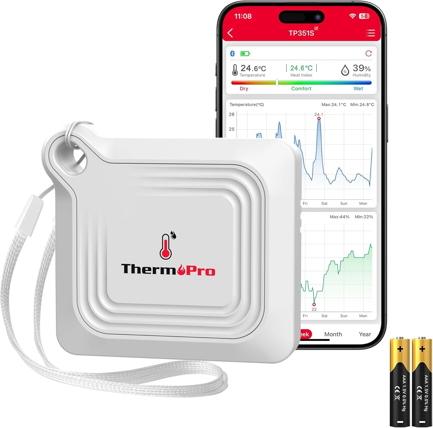 ThermoPro Bluetooth Thermometer Hygrometer, 260FT Range Temperature Sensor Greenhouse Thermometer, Remote App Control Temperature and Humidity Monitor with 2-Year Data Logging Export (TP351)