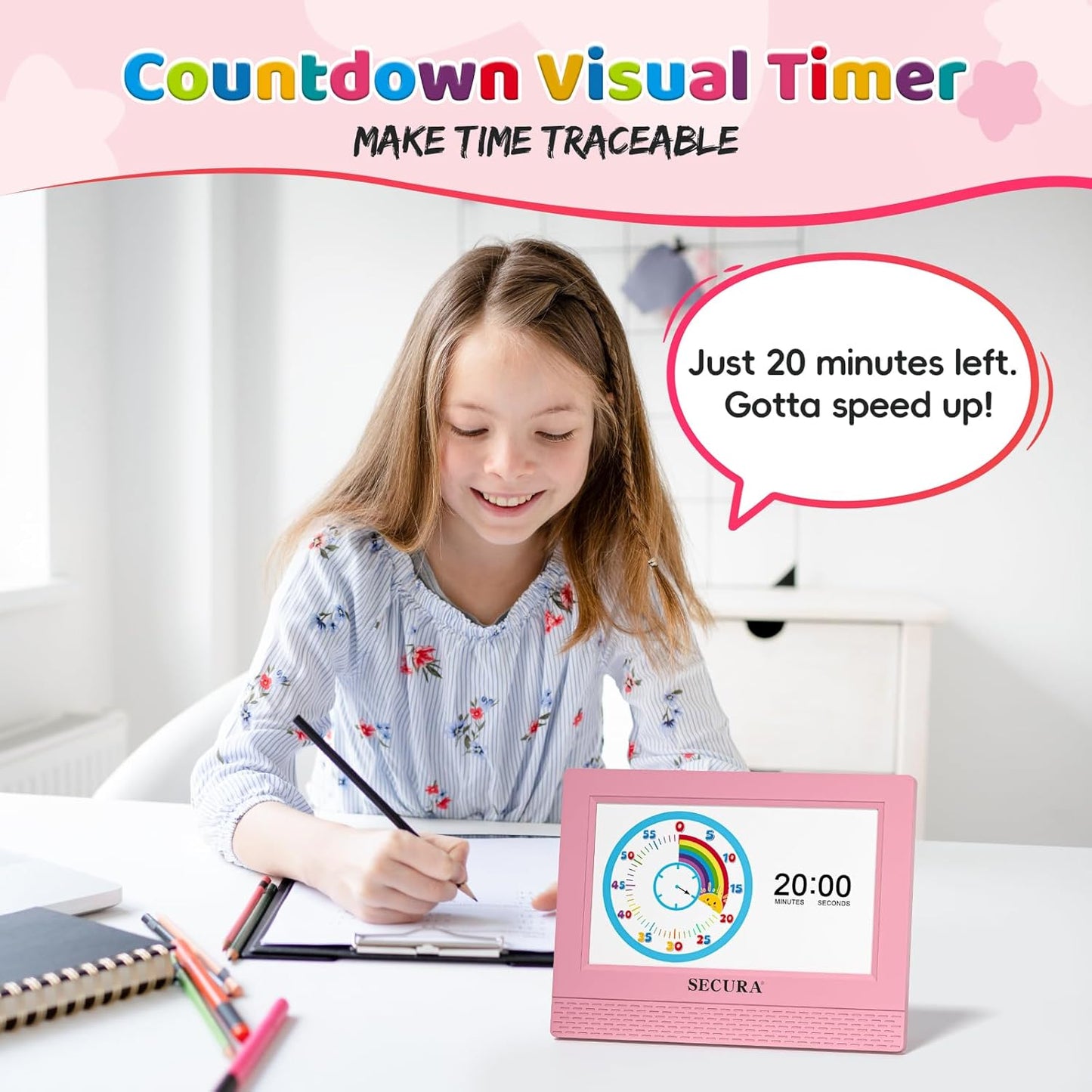 Secura TimeTact Reminder for Kids, 7" LED Talking Alarm Clock with Countdown Visual Timer, 17 Daily Reminders & 5 Custom Alarms Habit Reminder and Scheduler (Pink)