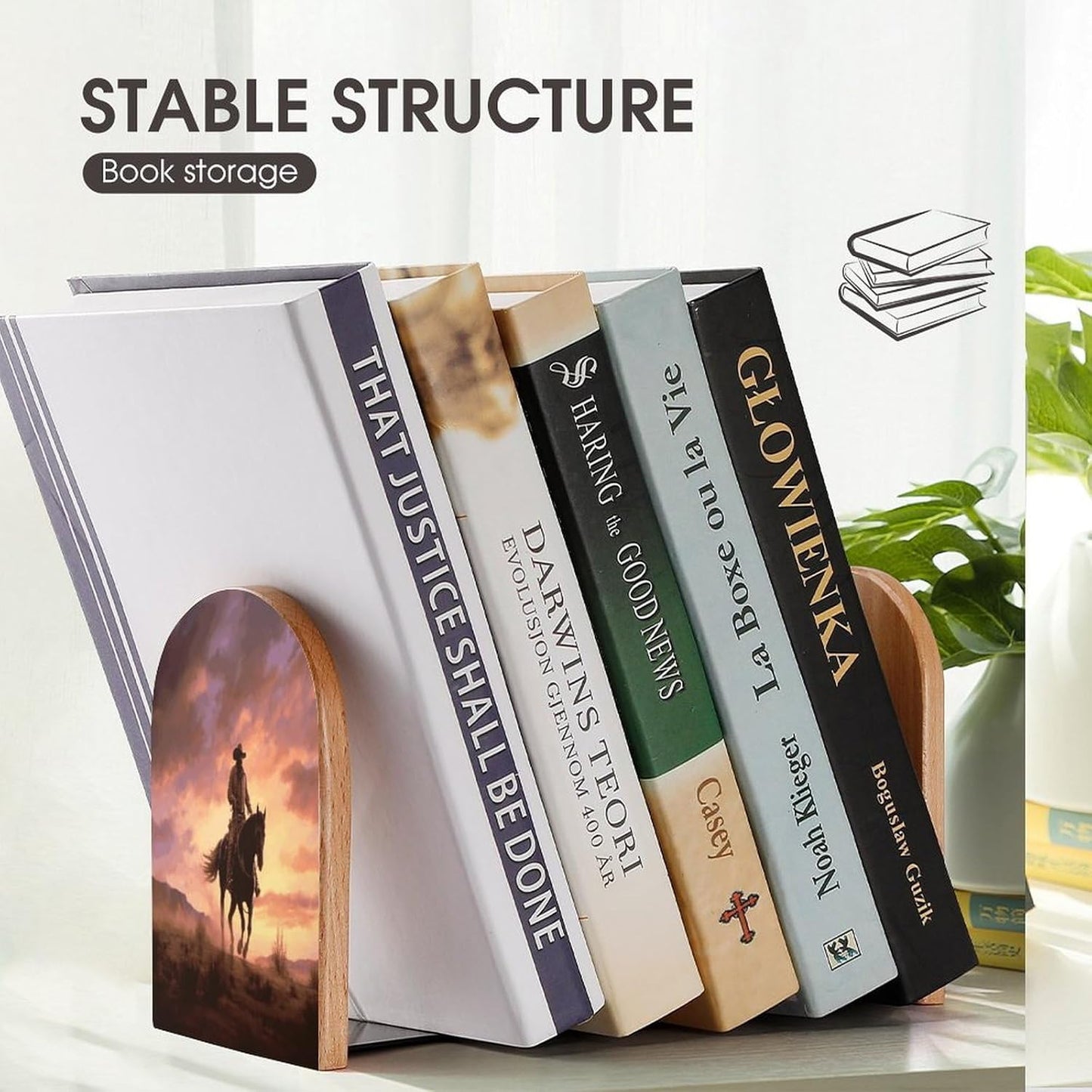 Cowboy West Bookends 1 Pair Heavy Duty Book Ends for Shelves Non-Skid Bookend Supports Wooden Book Holders with Metal Base Desk Organizers Books Storage to Hold Books