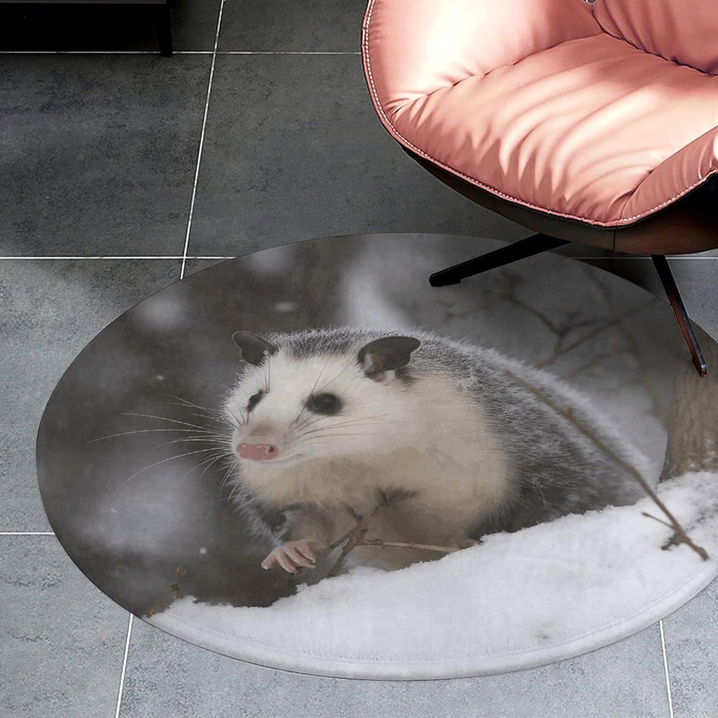 Opossum in Snow Circle Rug Retro Luxury Coral Velvet Floor Mat Non Slip Soft Indoor Floor Carpet Comfy Thickened Area Rugs Modern Aesthetic Minimalist Carpets for Home Decor