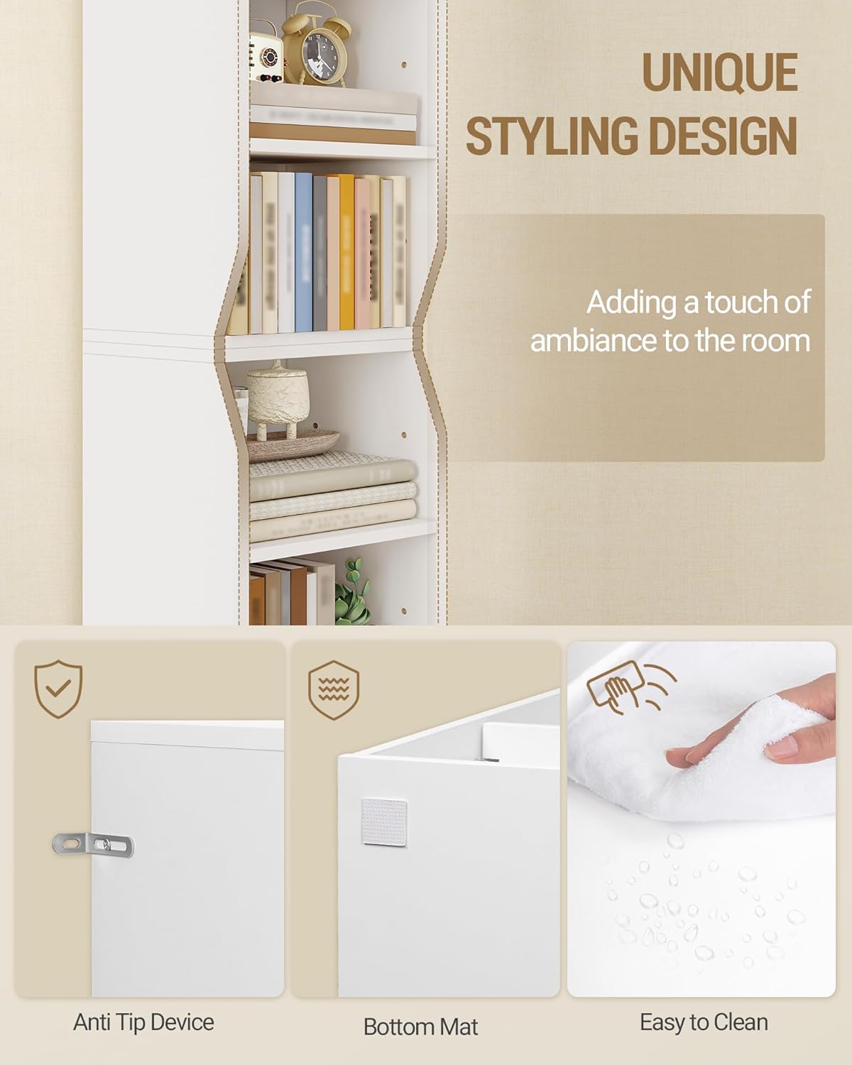 Bookcase, Narrow Tall Bookshelf, 8-Tier Skinny Shelf, Tall Cube Storage Organizer with Adjustable Shelves, CD Shelf, Display Bookshelf for Living Room, Home Office, Bedroom, White BC99803X