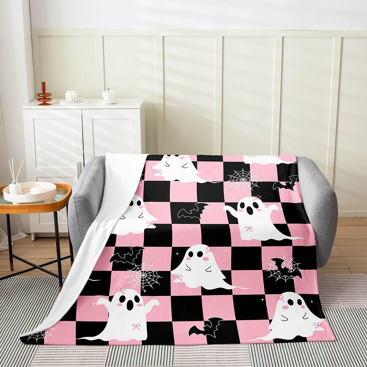 Erosebridal Black Pink Halloween Fleece Blanket Queen 90"x90" Kawaii Bowknot Ghost Flannel Blanket Gothic Spider Web Bat Fuzzy Plush Throw for Kids Boys Girls,Halloween Checkered Decor for Bed Couch