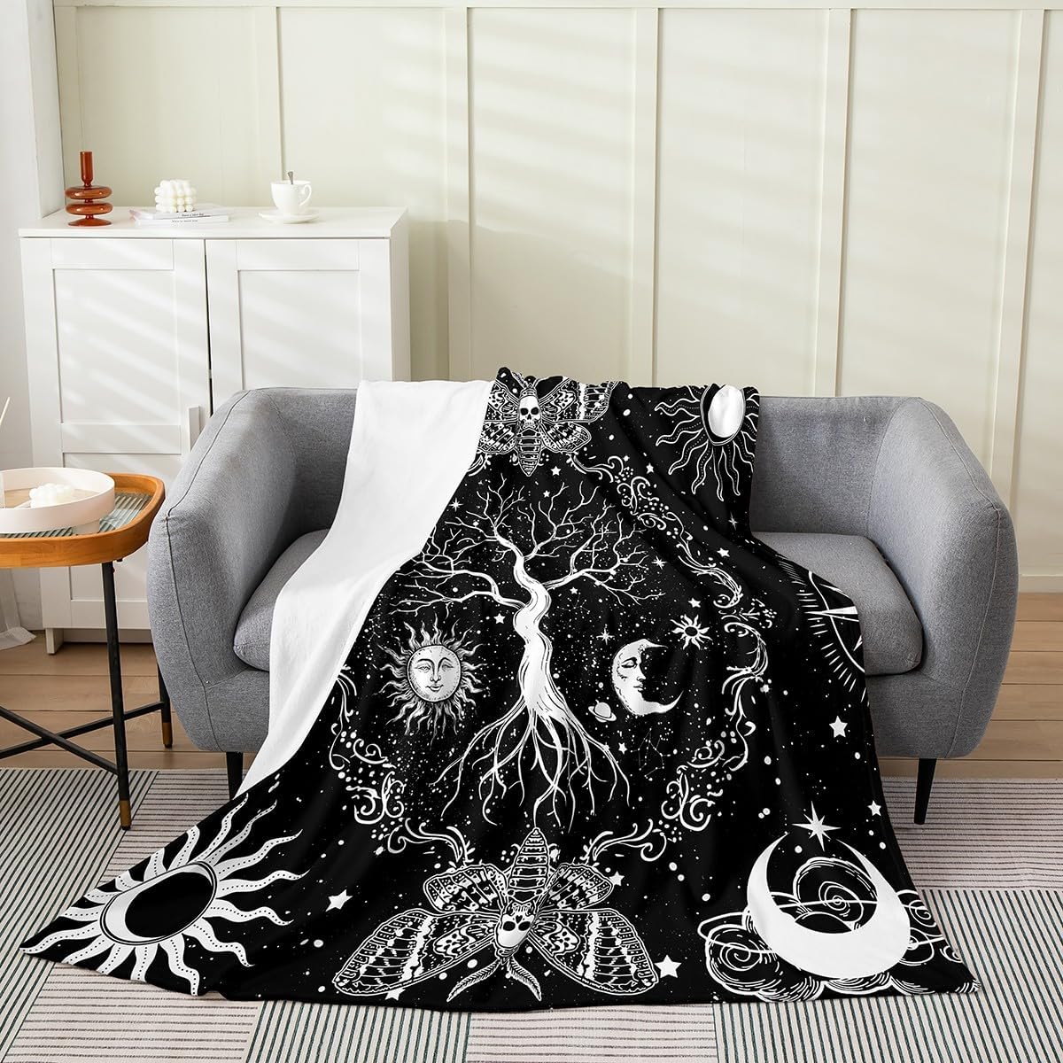 Erosebridal Tree of Life Blanket Hippie Gothic Moth Throw Blanket,Sun and Moon Fleece Blanket Throw 50x60 Psychedelic Galaxy Stars Flannel Blanket,Black and White Fuzzy Blanket Sofa Bed Couch Decor