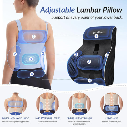 ZIKEE Adjustable Lumbar Support Pillow for Office Chair with Sliding Design for Precise Pain Relief & Support, Ergonomic Lumbar Pillow Improves Posture, Back Support Pillow for Office, Car, Home