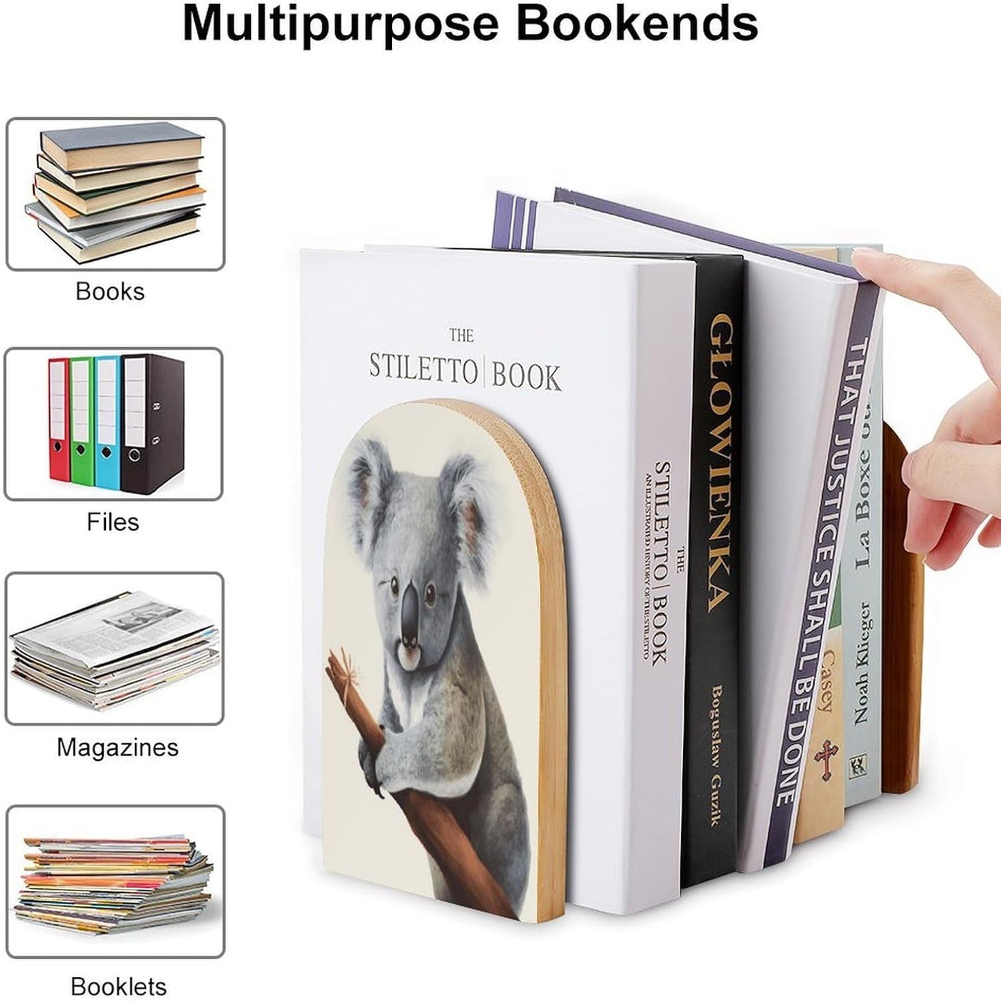 Koala and Butterfly Bookend for Shelves Wooden Book End Large Size Sturdy Book Holders Stoppers with Metal Base for Bookshelves Slick Decorative Bookends Stands