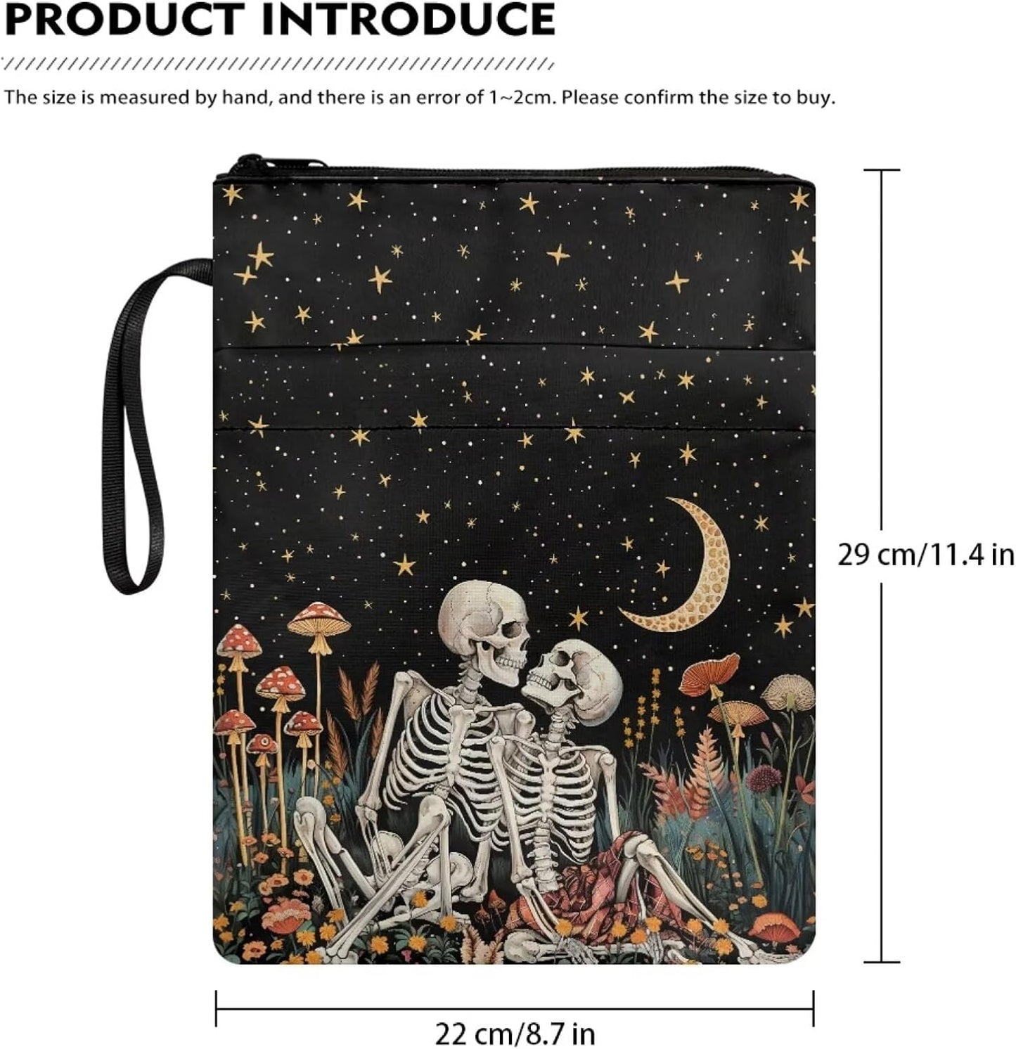 chaqlin Book Protector Sleeve for Book Lovers Gifts Skeleton Moon Night Washable Paperback Bookcover Pouch with Zipper and Front Pocket for Women Bookish Bookworm Library Reading Club