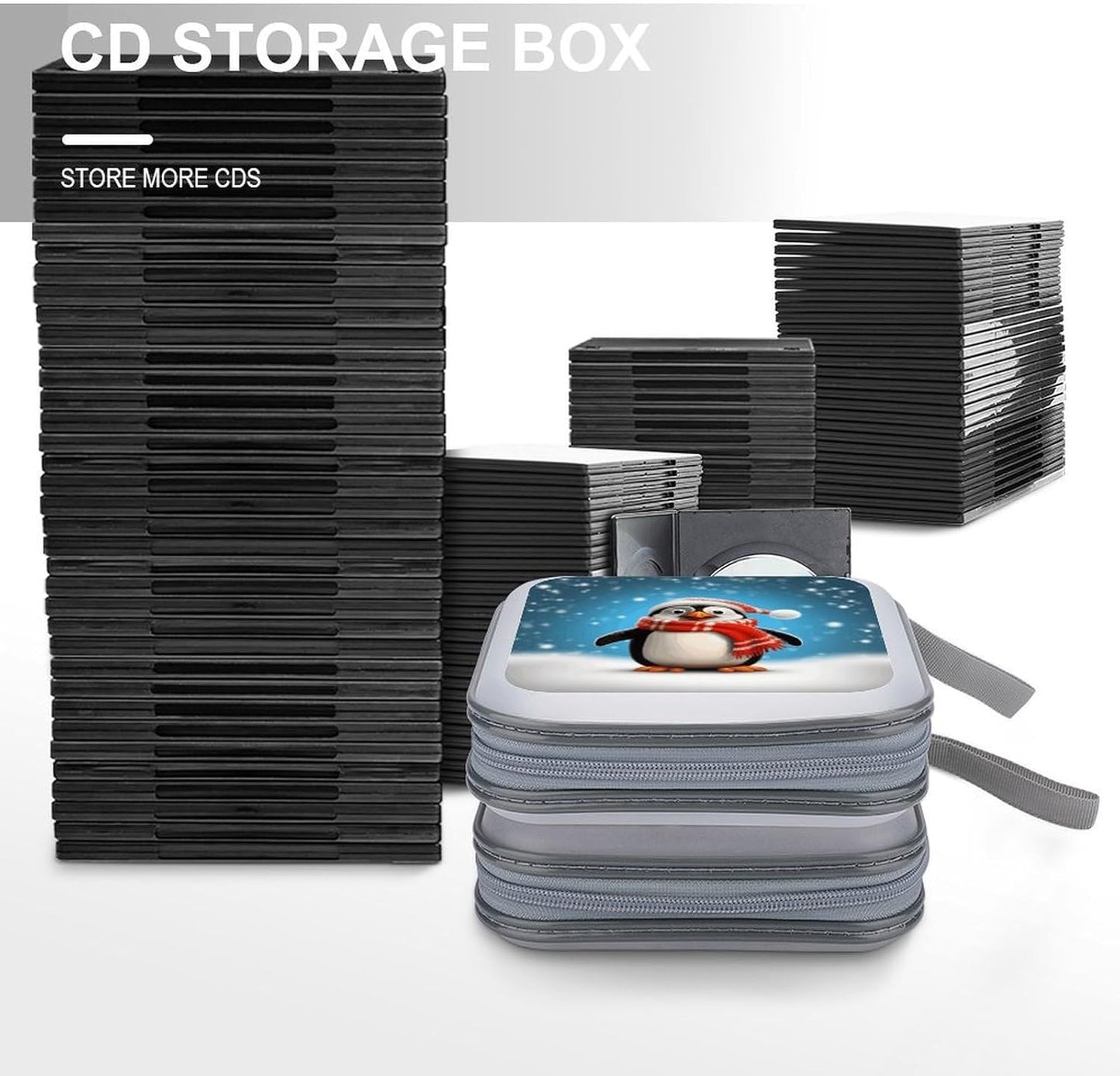 Christmas Funny Penguin CD Case 40 Capacity Case Zipper CD Collection Bag with Handles Cover DVD Storage Hard Plastic DVD Disc Cases Storage Binder for Car Home Office Travel
