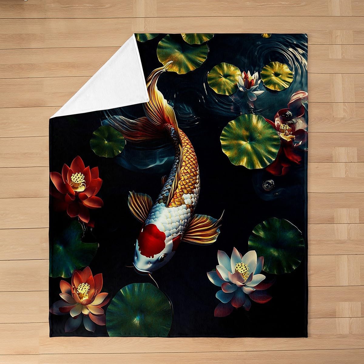 Japanese Koi Fish Flannel Blanket Throw 50"x60" Warm Lightweight,Gold Red Carp Flannel Sherpa Blanket for Boys Kids Teens,Boys Girls Japanese Style Fuzzy Blanket,Farmhouse Style Blanket