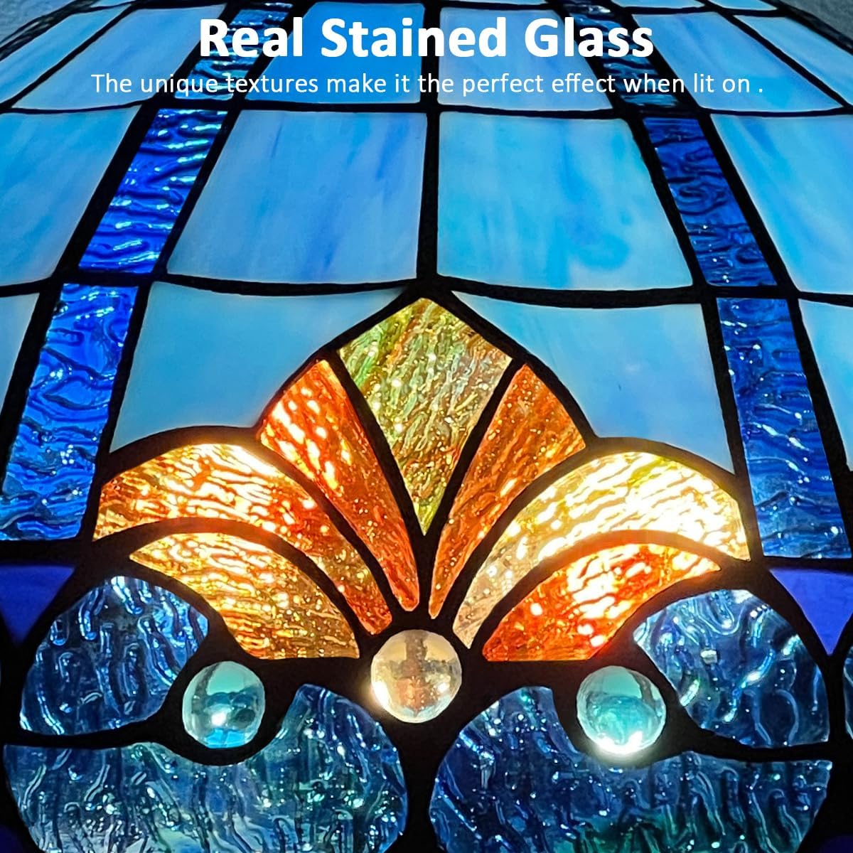 Tiffany Table lamp with nightlight,Blue Stained Glass Desk Light - Antique Style 16” Large 3-Lights Nightstand Bedside Reading Light for Living Room Bedroom Office