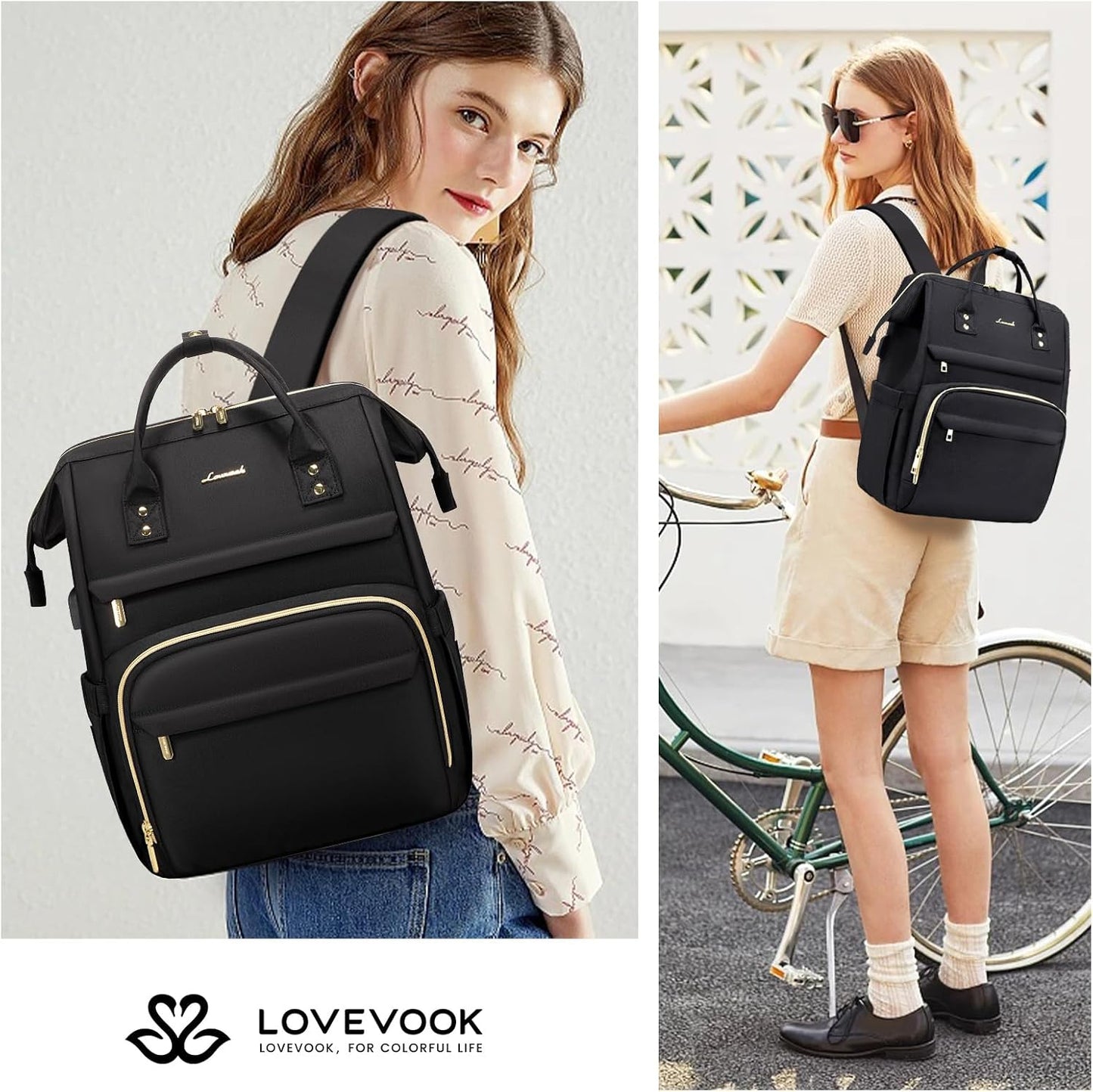 LOVEVOOK Laptop Backpack,15.6 Inch Professional Womens Purse Computer Bag Nurse Teacher Backpack,Waterproof College Work Bags Carry on Travel Back Pack with USB Port,Black