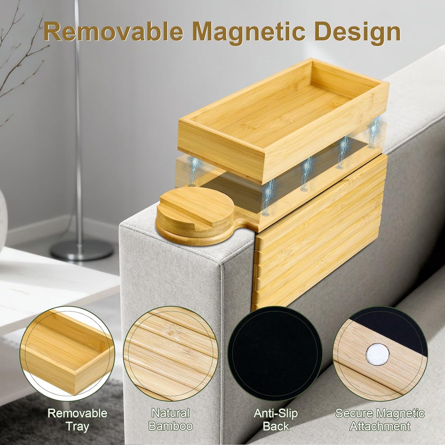 Couch Armrest Table, 3-in-1 Magnetic Removable Sofa Handrail Table,Bamboo Sofa Cup Holder for Meals, Beverages and Mobile Phones (Natural)
