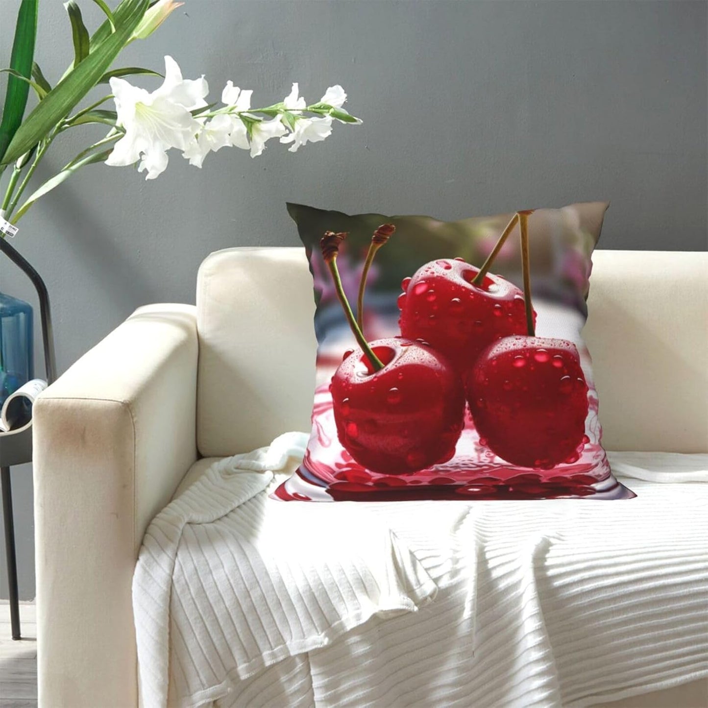 All-Season Square Pillow Covers 18"X18", Red Cherries, Decorative Throw Pillow Covers for Sofa Bed Couch, Hidden Zipper Cushion Cover, Square Lumbar & Accent Pillowcases for Home Decor