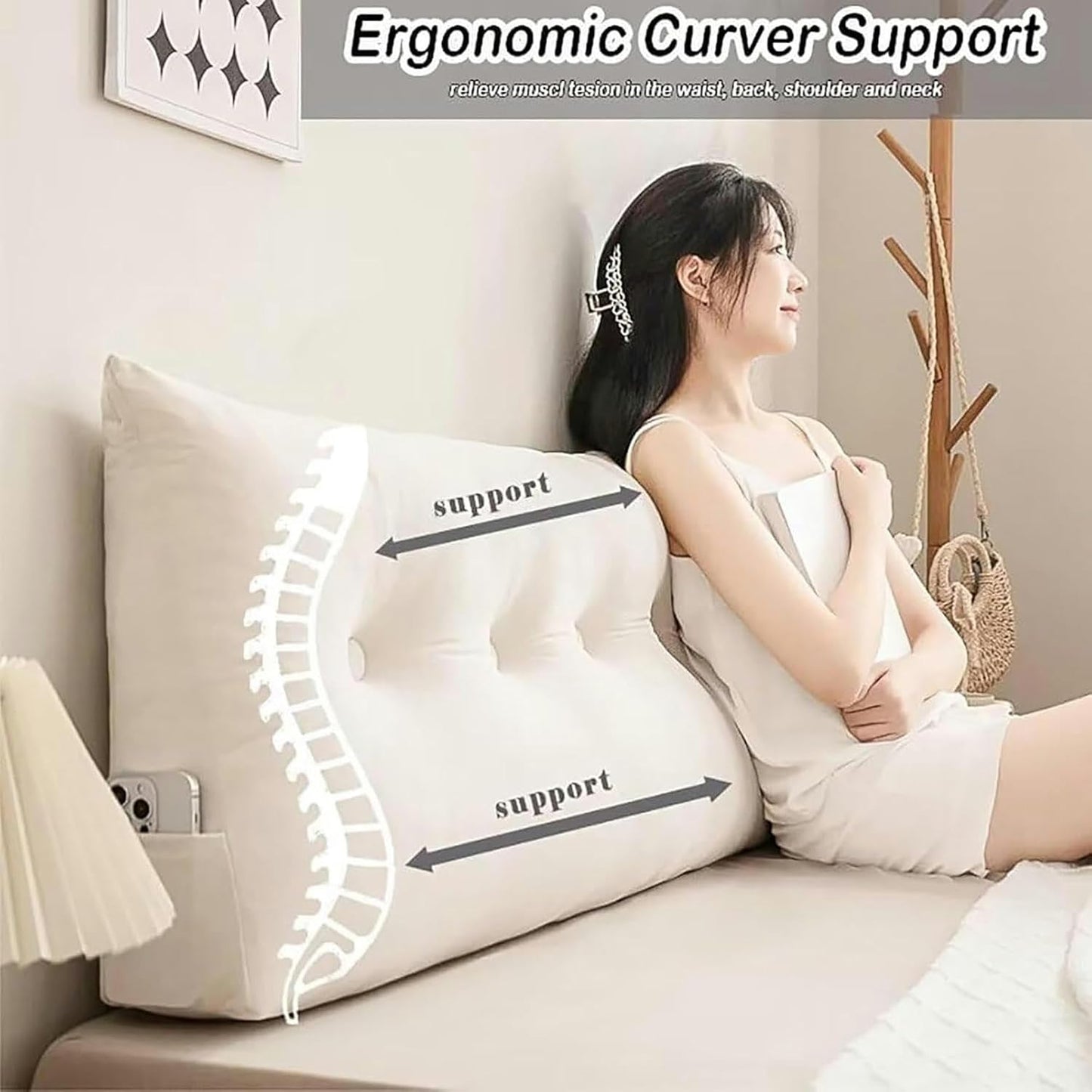 Triangular Headboard Pillow Twin, Large Wedge Bed Pillow Backrest Reading Support Pillow, Backrest Positioning Support Bolster Cushion