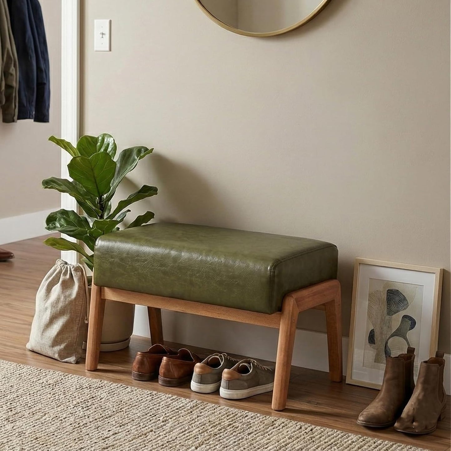 Modern Ottoman Foot Stool, Faux Leather Accent Sofa Footrest with Walnut Rubber Wood Frame, Ottoman Bench for Living Room Entryway Bedroom Sofa Seat, Hunter Green