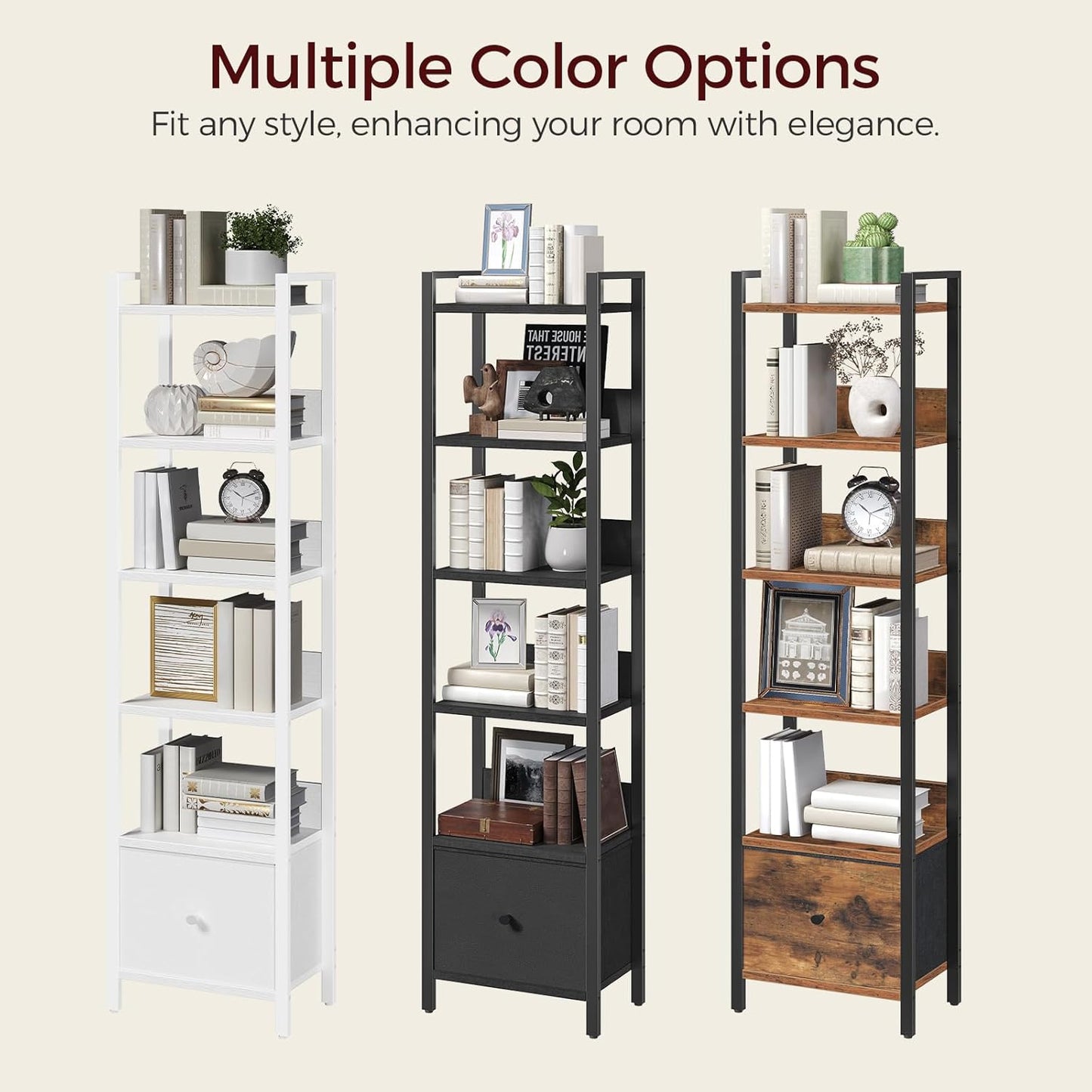 Bookshelf, 6-Tier Bookcase with Drawer, Small Book Shelf for Small Space, Storage Shelf Organizer, for Living Room, Bedroom, Study, Kitchen, Rustic Brown and Black BKHR66101