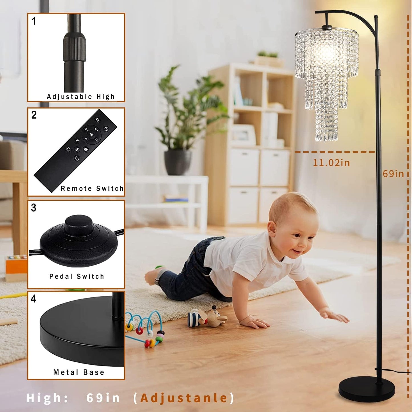 Arc Floor Lamp for Living Room Modern Floor Lamp with Remote Control,Dimmable Crystal Floor Lamps Black Standing Lamp with 10 Color Temperature Tall Chandelier Floor Lamps for Bedroom Corner