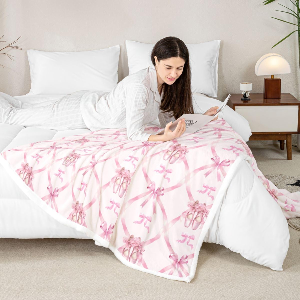 Feelyou Cute Pink Ballet Bow Throw Blanket Princess Bowknot Soft Fleece Sherpa Cozy Fuzzy Plush Warm Ribbon Bow Knot Fuzzy Plush Throw Baby 30"x40" for Bed Couch Living Room