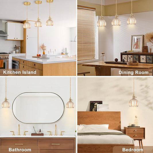 Mini Pendant Lights Kitchen Island 2 Pack, Small Adjustable Pendant Light Fixture with Amber Tulip Glass Lampshade, Vintage Gold Pendant Lighting, Pendant Light for Bedroom Dining Room Hallway