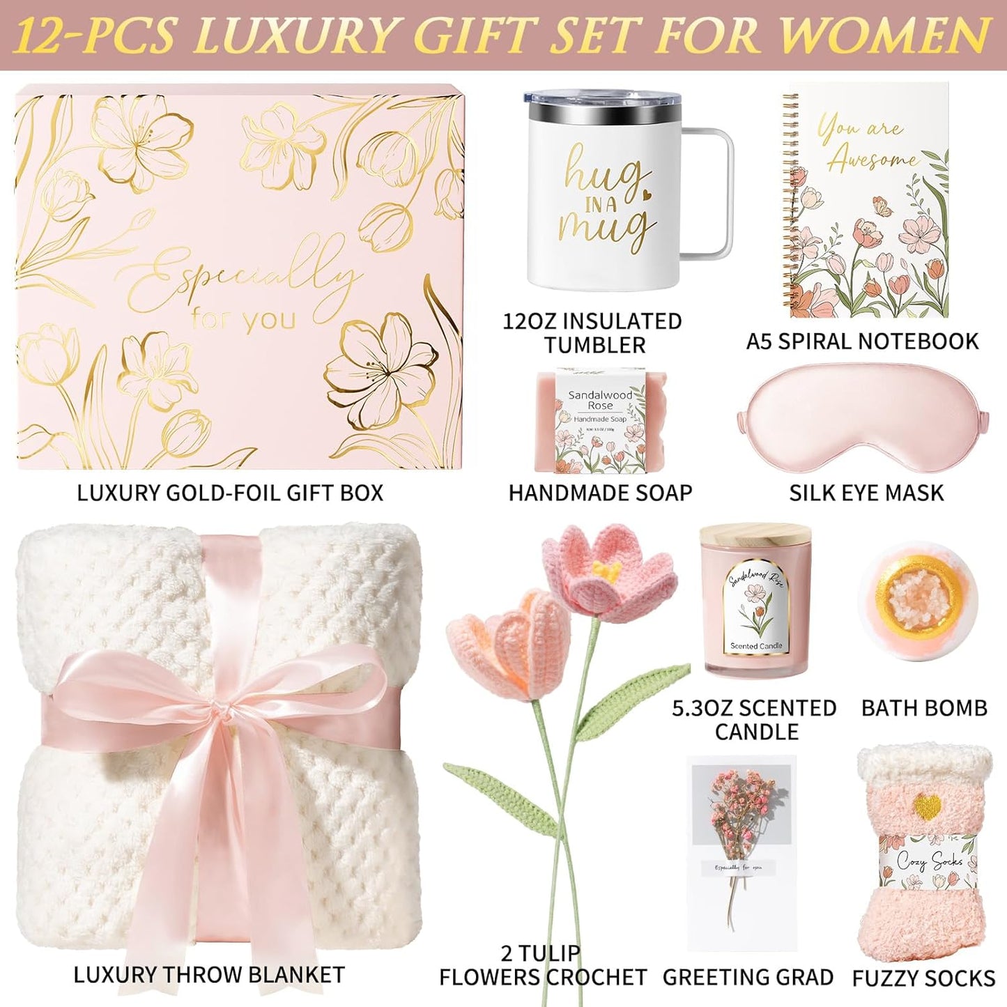 Mothers Day Birthday Gifts for Women Self Care Package, Get Well Soon Gift Baskets for Women Spa Gifts Set, Unique Thinking of You Inspirational Sympathy Easter Gift Baskets for Mom Her Friend Sister
