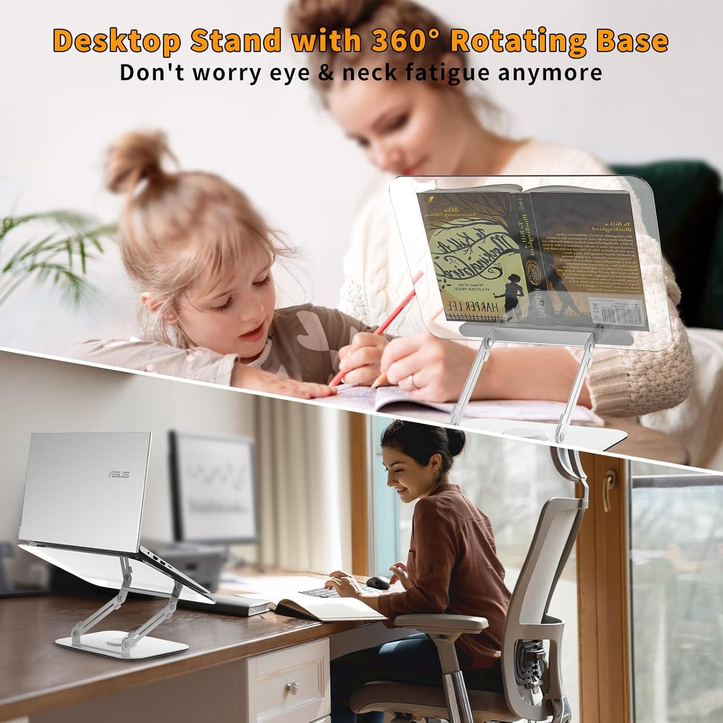 Acrylic Book Stand for Reading,Adjustable Holder with 360° Rotates Base & Page Clips,Foldable Desktop Ricer for Cookbook,Music Scores,Laptop,Tablet,Recipe,Textbook,Magazines