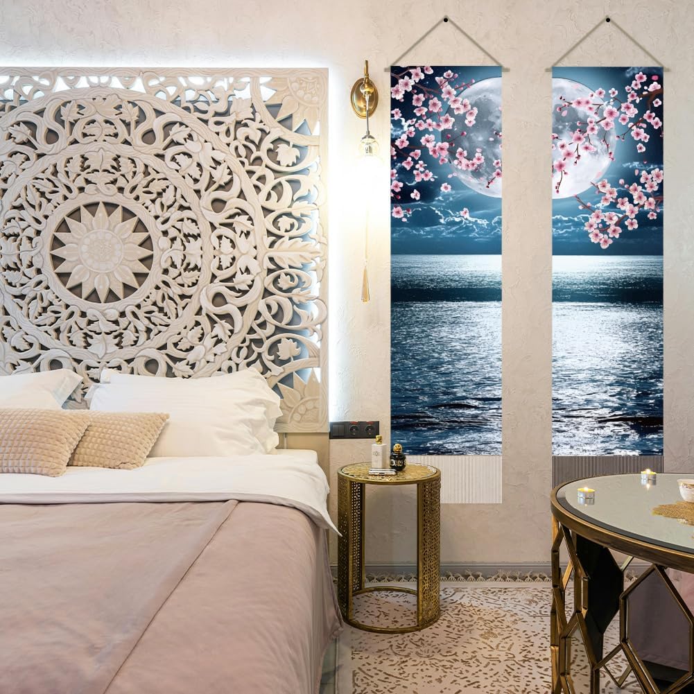 AHANDMAKER 2Pcs Japanese Anime Scenery Tapestry, Ocean Moon Cherry Blossom Vertical Wall Hanging, Tassel Wall Aesthetic Tapestry for the Living Room, Wall Decor Entry(45.7x13 Inch)