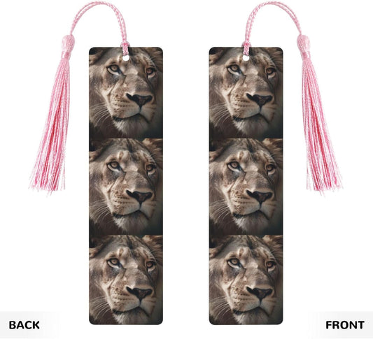 Lion's Focused Expression Bookmarks Gifts for Women Men, Wooden Bookmarks for Book Lovers, Vintage Book Marks Ornaments with Tassel, Unique Personalized Reading Page Markers Pink