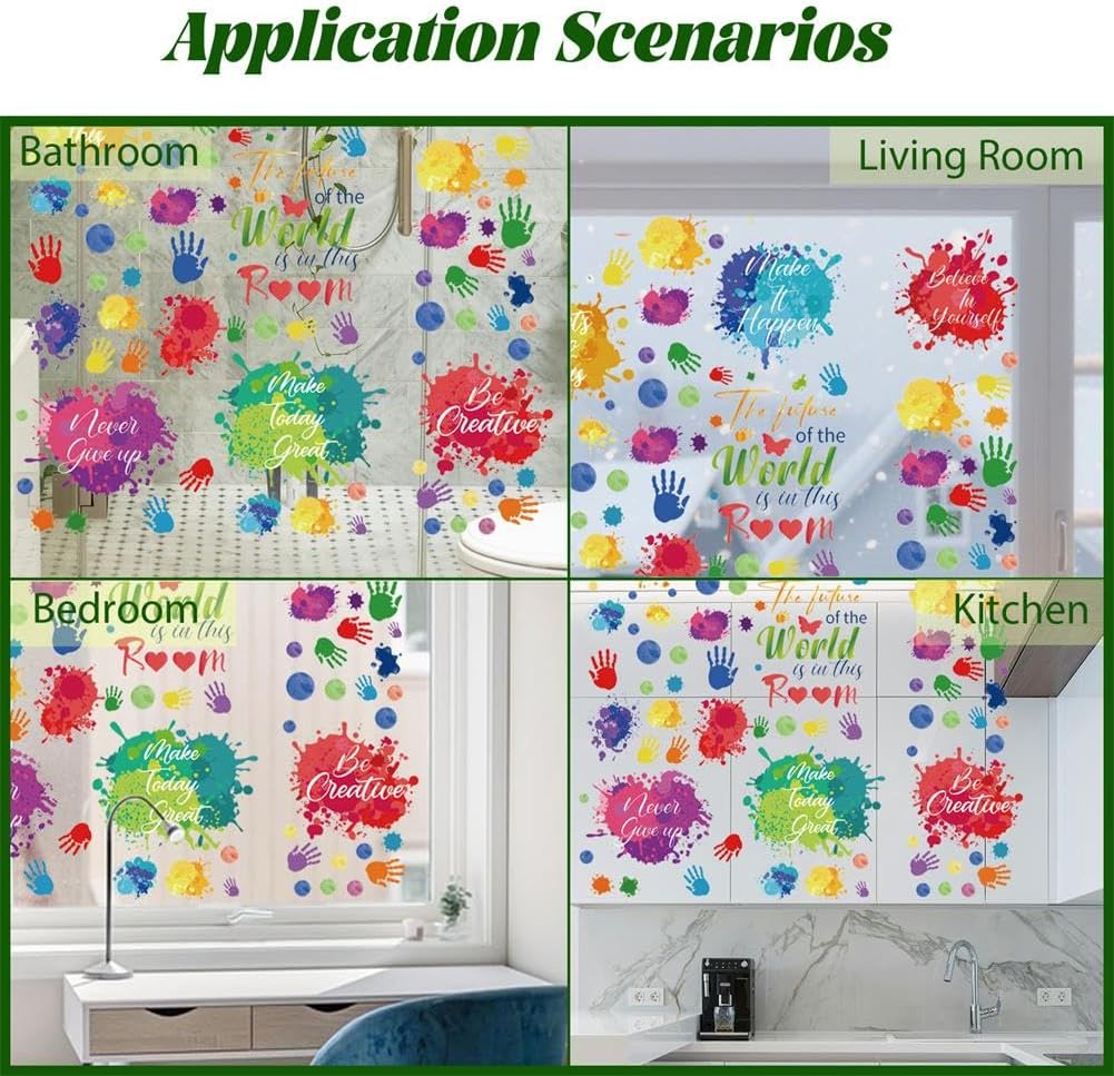 PLIGREAT 9 Sheets Colorful Inspirational Quotes Window Stickers, Watercolor Ink Handprints Window Clings Peel and Stick Windows Decals for Nursery Bedroom Classroom Sliding Glass Door Home Decor