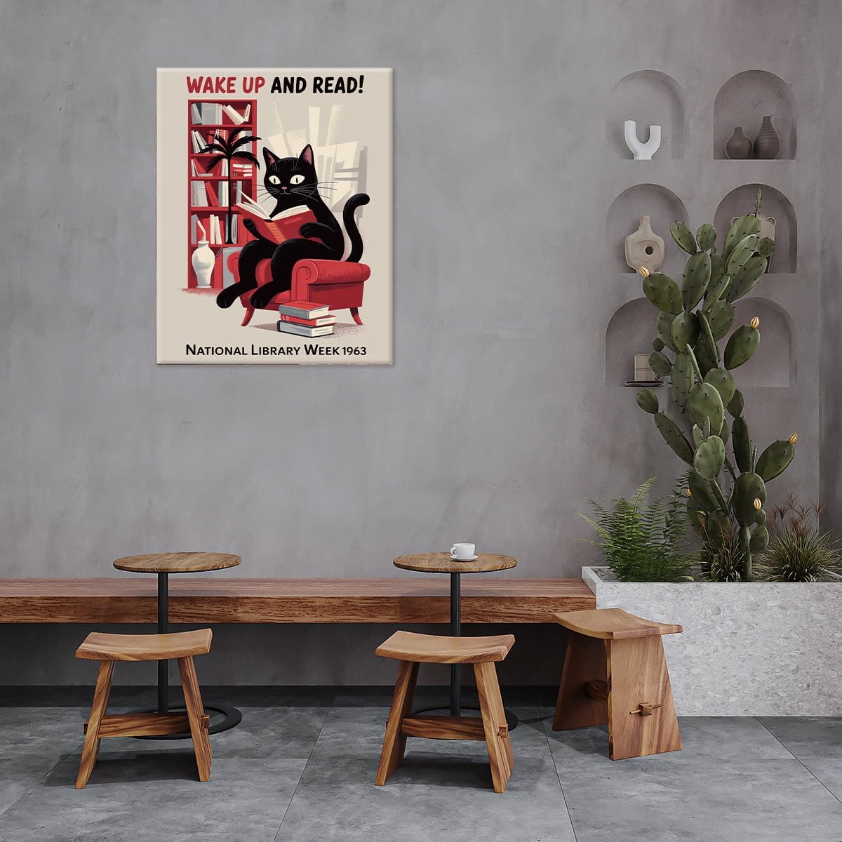 Funny Cat Reading Canvas Wall Art Print Cute Cat National Library Week Picture Poster Wall Decor for Library Home Reading Room 8x10 Framed, Book Lover Gifts