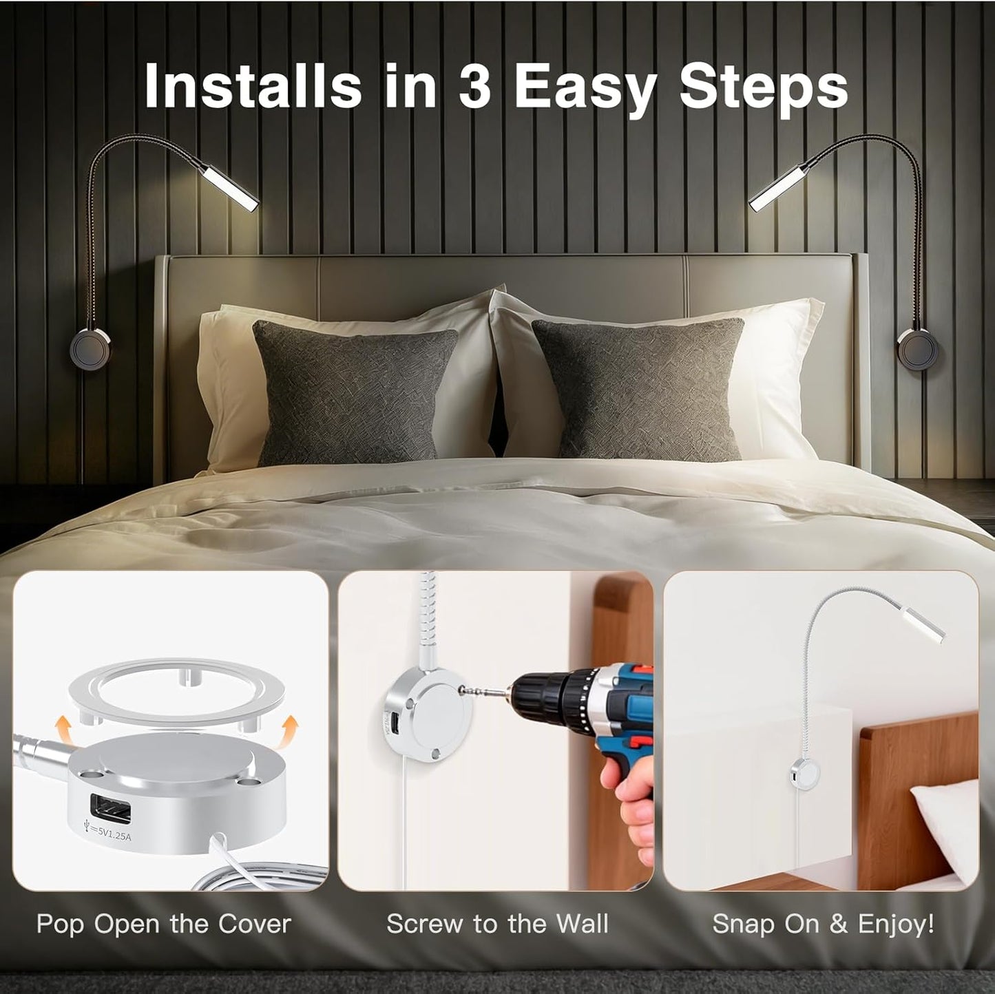 VST Books Lights for Headboard, Bedside Wall Mounted Reading Lamp, Reading Light Touch to Adjust Color Temp (3000K/4000K/6000K) and Brightness, USB/Type-C Charging Ports, 20W Driver, ETL-Listed