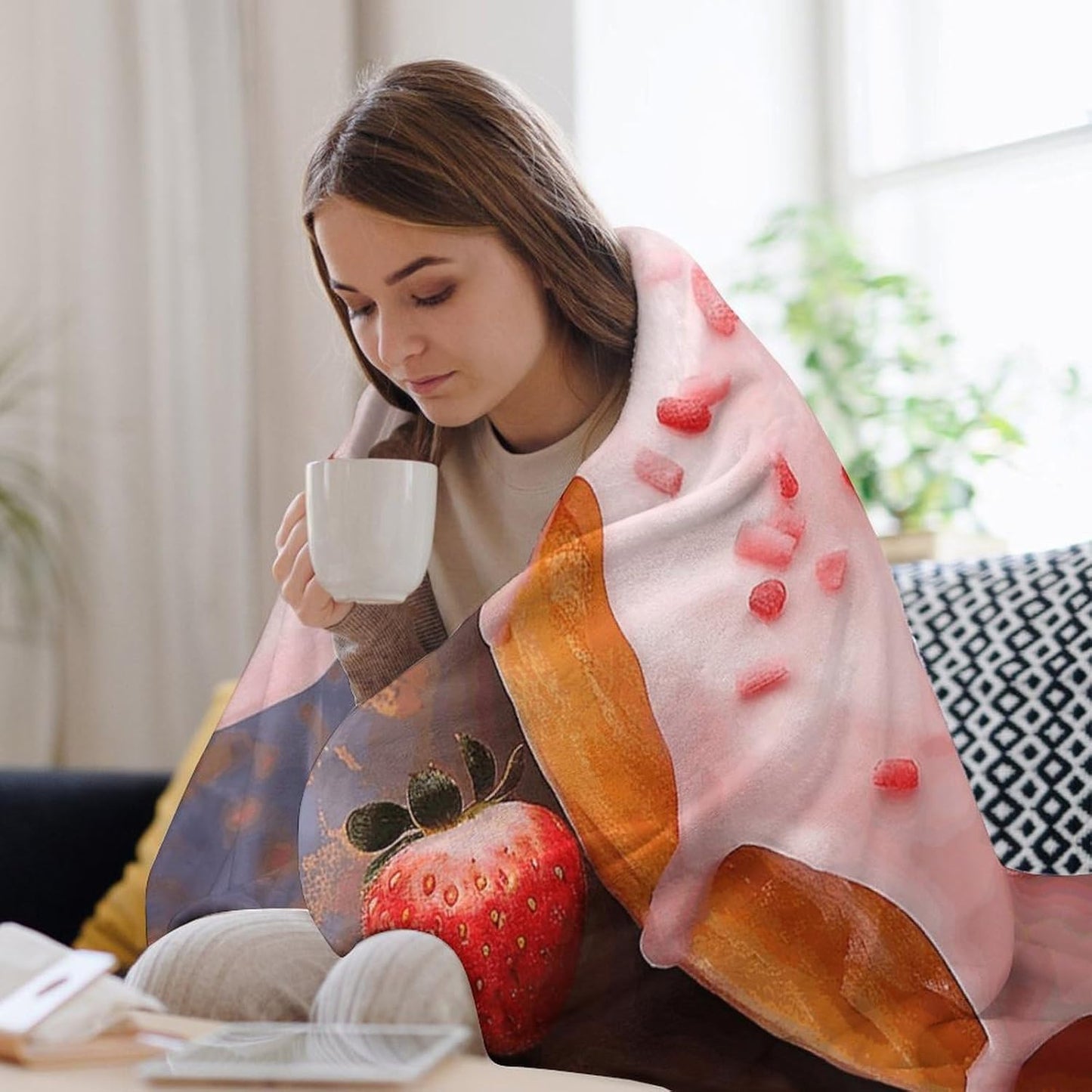 Strawberry Donut Throw Blanket for Couch Super Soft Warm Lightweight Throw Blankets Cozy Flannel Bed Blanket Cute Decorative Blankets for All Seasons Home Decor Gift 60"*80"（150 * 200cm）