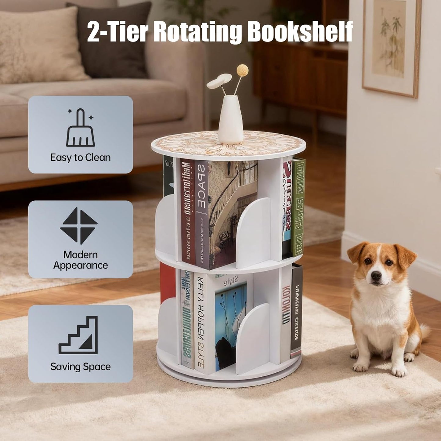 Desktop Double-Layer Rotating Bookshelf Tower – 360° Rotating Bookcase Storage Rack with 8 Shelves, Rotating Storage for Books,Making it Ideal for desks, nightstands, and Compact Corners.