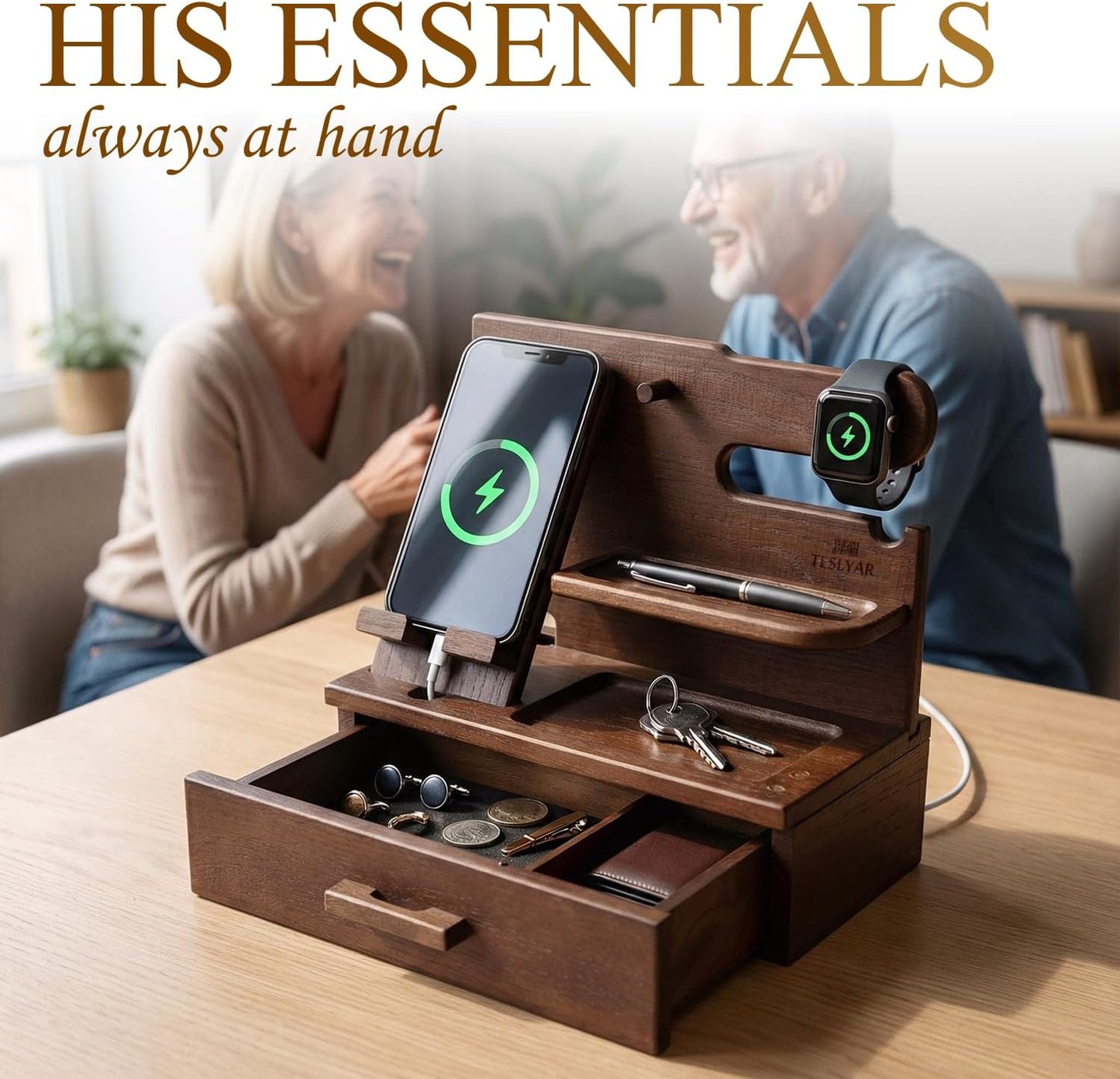 TESLYAR Wood Phone Docking Station with Drawer - Nightstand Organizer - Desk Organizer for Husband - Birthday Gifts for Men, Dad, Anniversary Idea, Key Holder Stand Watch & Accessories (Bourbon Brown)