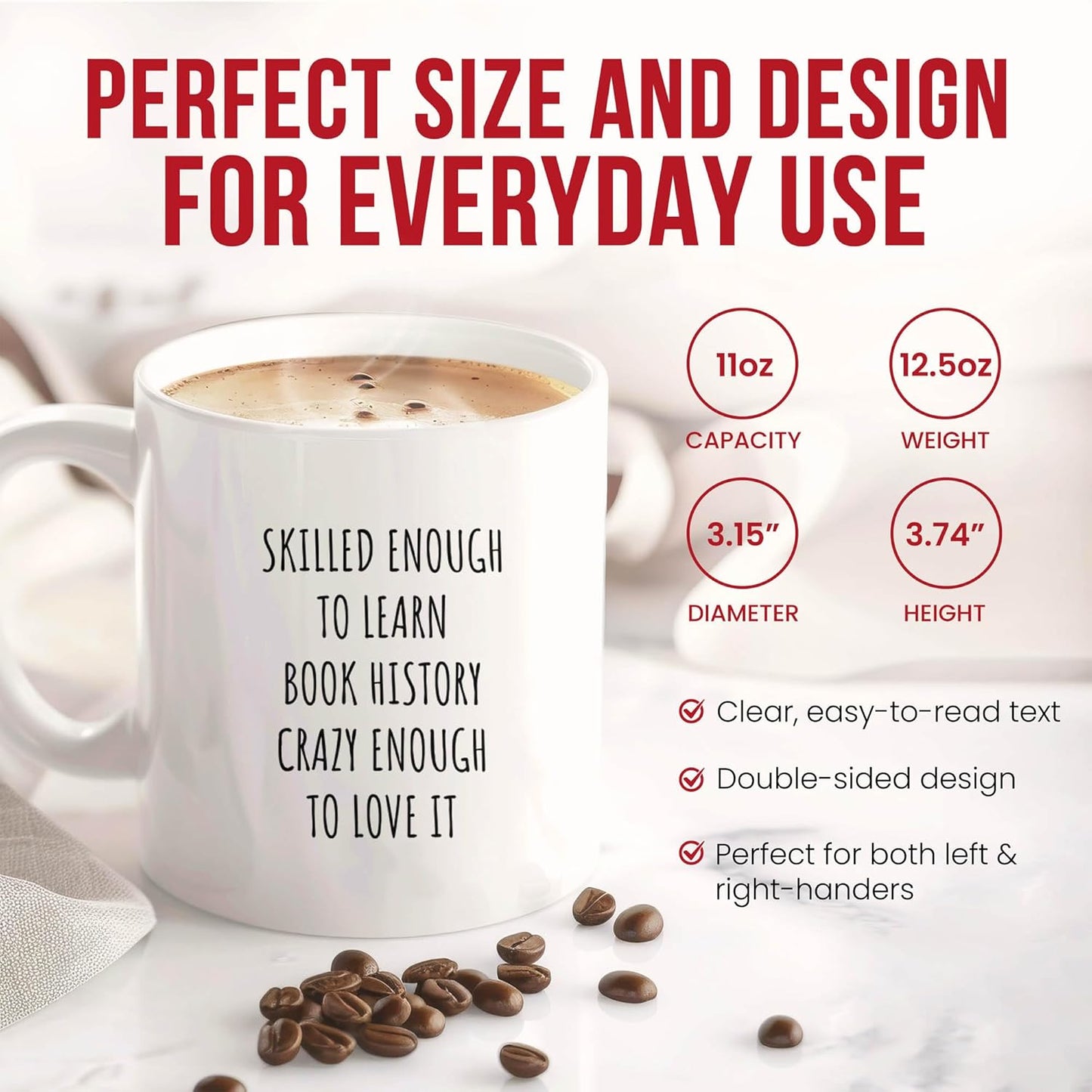 Skilled Book History Mug - Literary Scholar Coffee Cup - Bookworm Funny Gift From Teachers - Historical Literature Tea Mugs - Reading Enthusiast Cups - 11 Oz Ceramic Gifts For Lovers, Birthday, Him