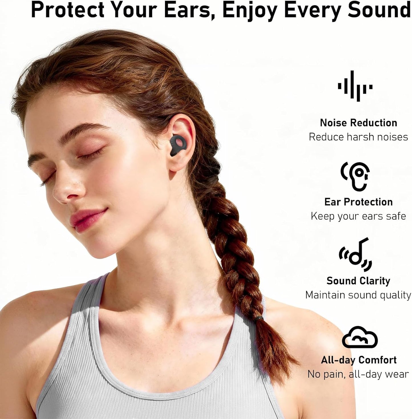 Noise Cancelling Ear Plugs for Sleeping, Concerts & Travel – Reusable Silicone Earplugs for Noise Reduction & Hearing Protection – 4 Pairs, Black + Black
