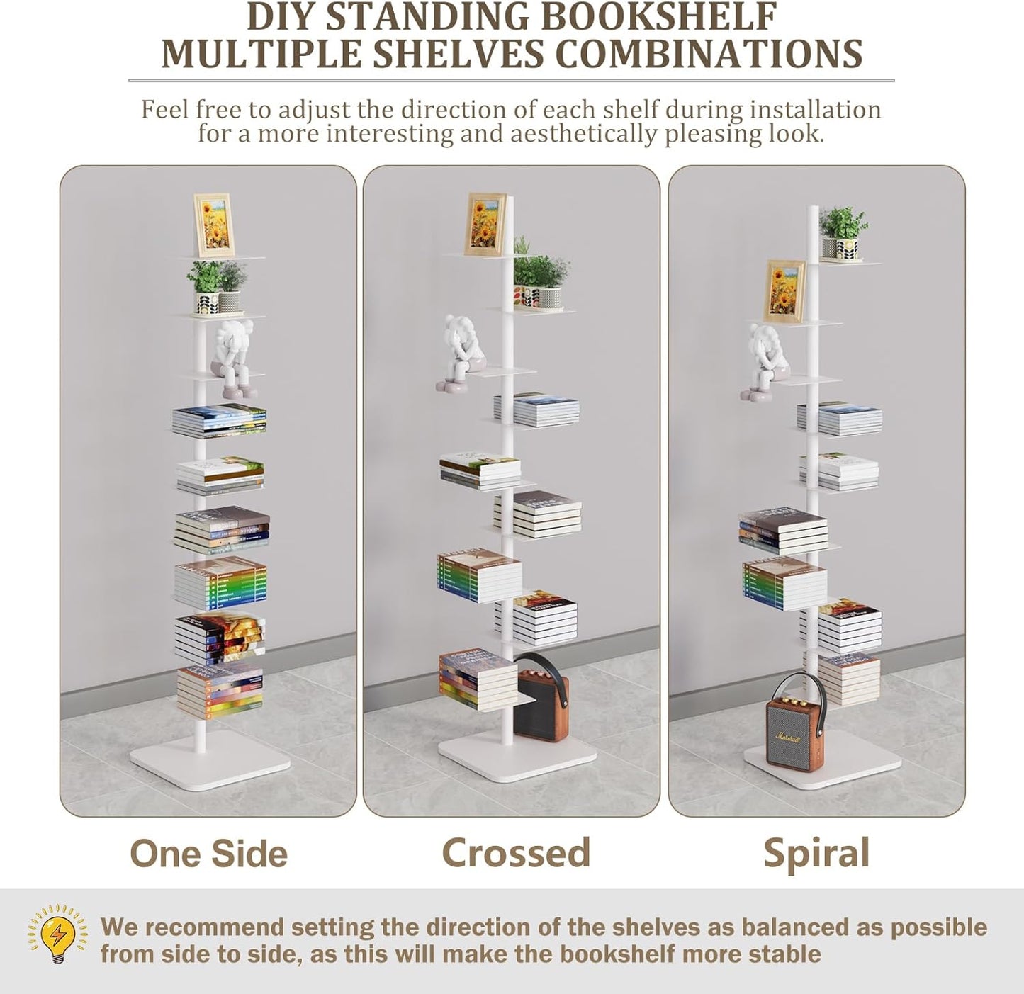 Nynelly 9-Tier Metal Spine Bookshelf - Heavy Duty Vertical Book Tower, White Open Bookcase, Floor Standing Tall Narrow Book Shelf for Small Space Living Room Office Decor, Industrial Book Organizer