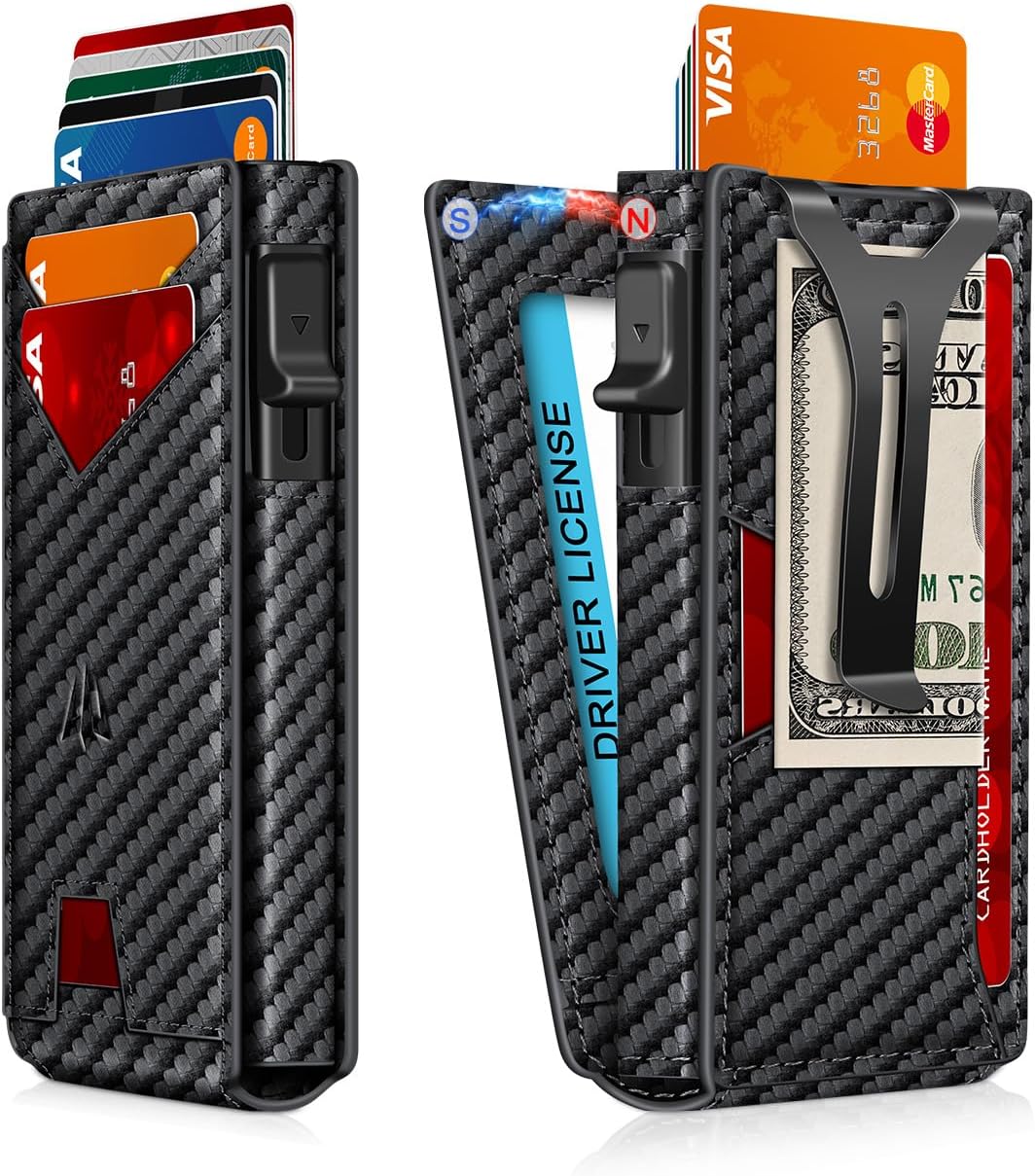 Wallet for Men，Slim Minimalist Wallet with Money Clip ＆ ID Window, RFID Blocking Pop-Up Credit Card Holder，Smart Auminum Mens Wallet Holds 9-13 Cards, Front Pocket Bifold (Magnetic Closure, Gift Box)