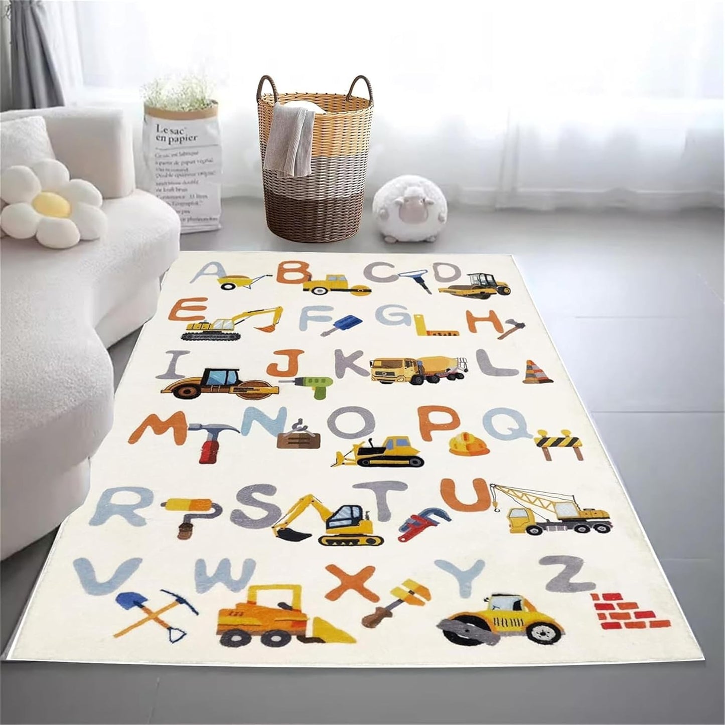 Kids Rug, Alphabet and Truck Carpet for Playroom 5x7 ABC Rugs for Boys Girls, Children's Educational Play Mat, Digger Play Rug for Bedroom, Non-Slip Area Rugs for Nursery