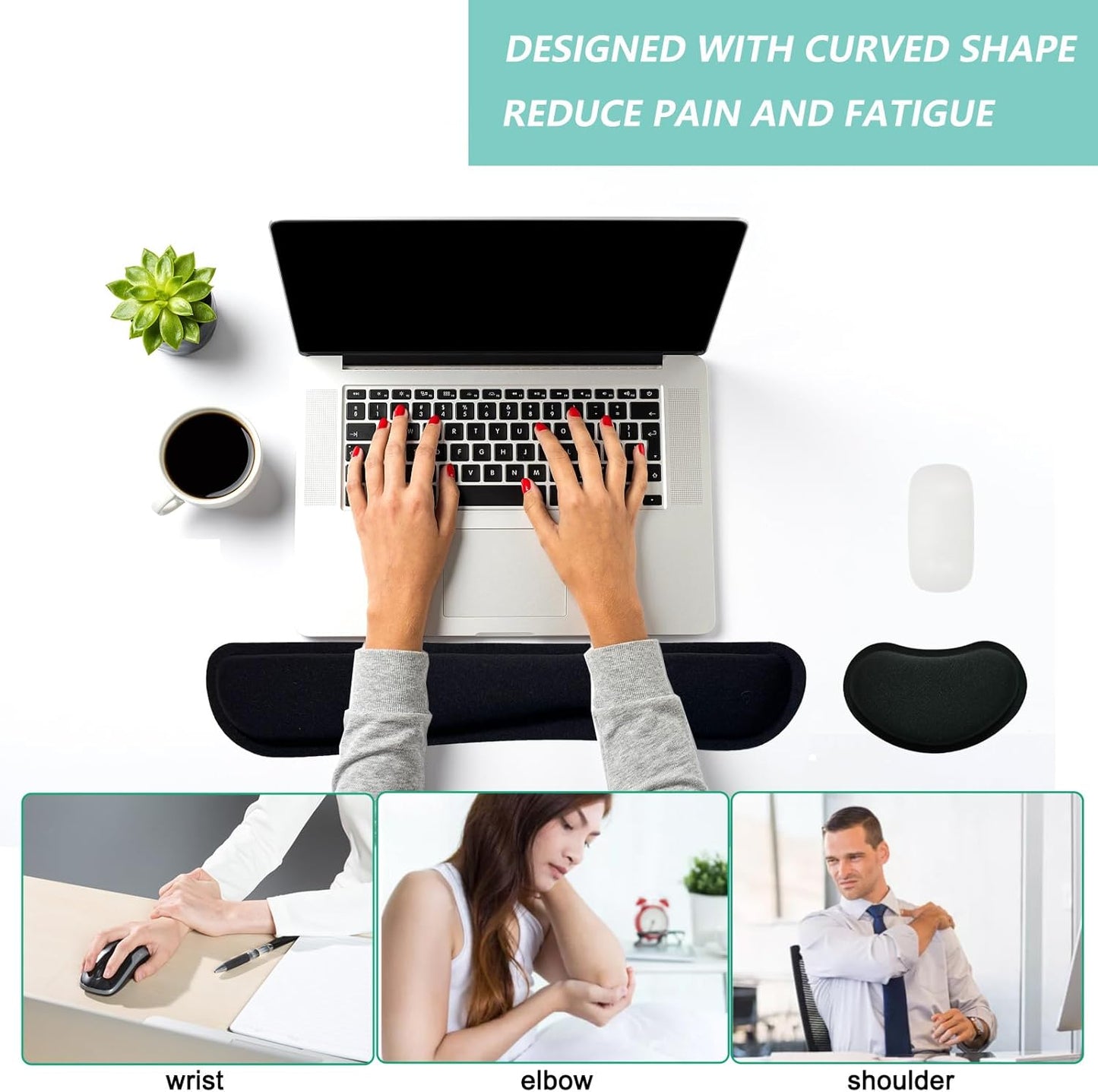 Keyboard Wrist Rest Mouse Wrist Support Set, Memory Foam Wrist Rest Pad for Computer Laptop Keyboard Mouse, Ergonomic Wrist Cushion Support for Typing Pain Relief, Gaming Home Office, Black