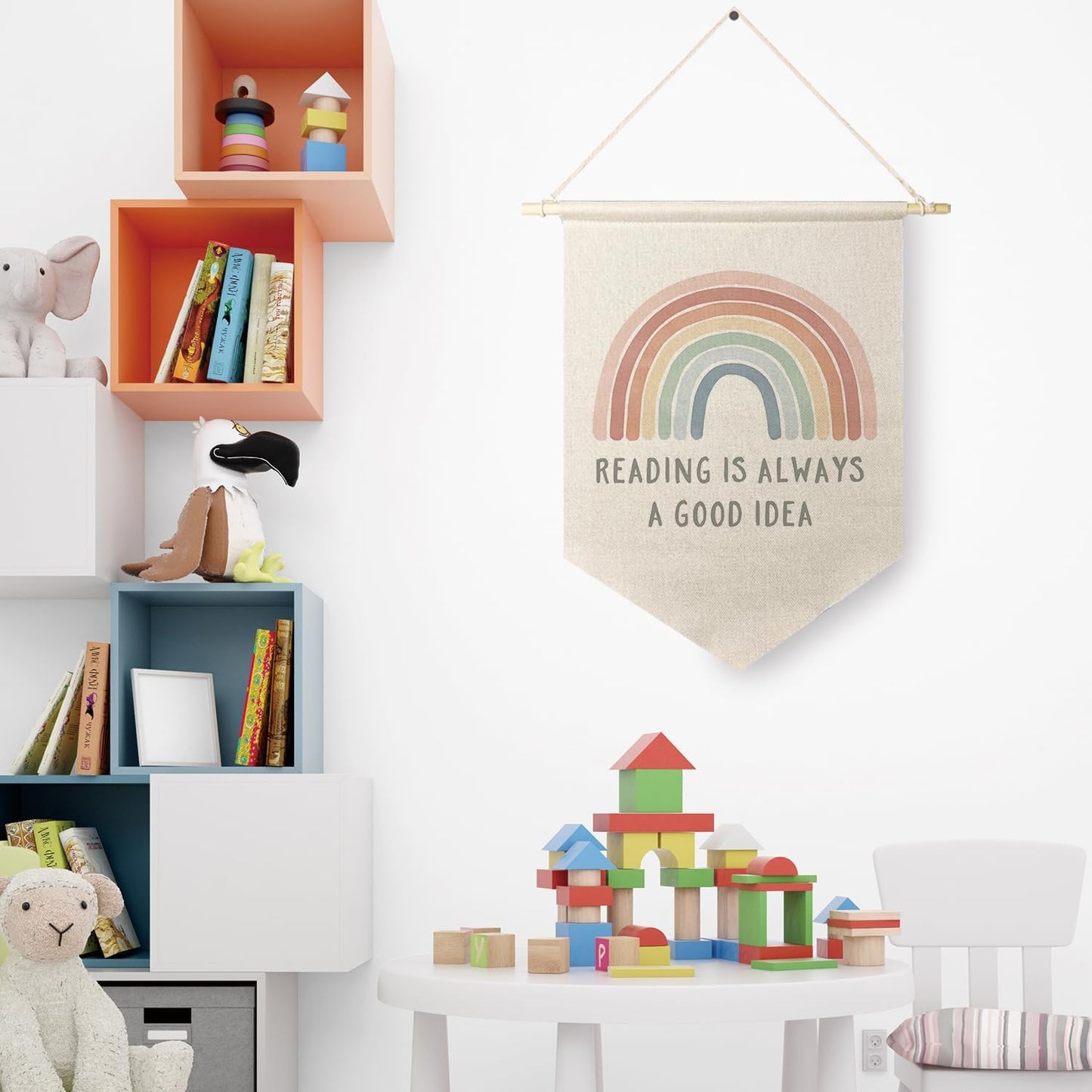 Qpenm Read Rainbow Hanging Wall Canvas Banner,Reading Read Corner Hanging Pennant Flag Prints,Classroom Wall Decor,Boho Classroom Nursery Decor poster&prints