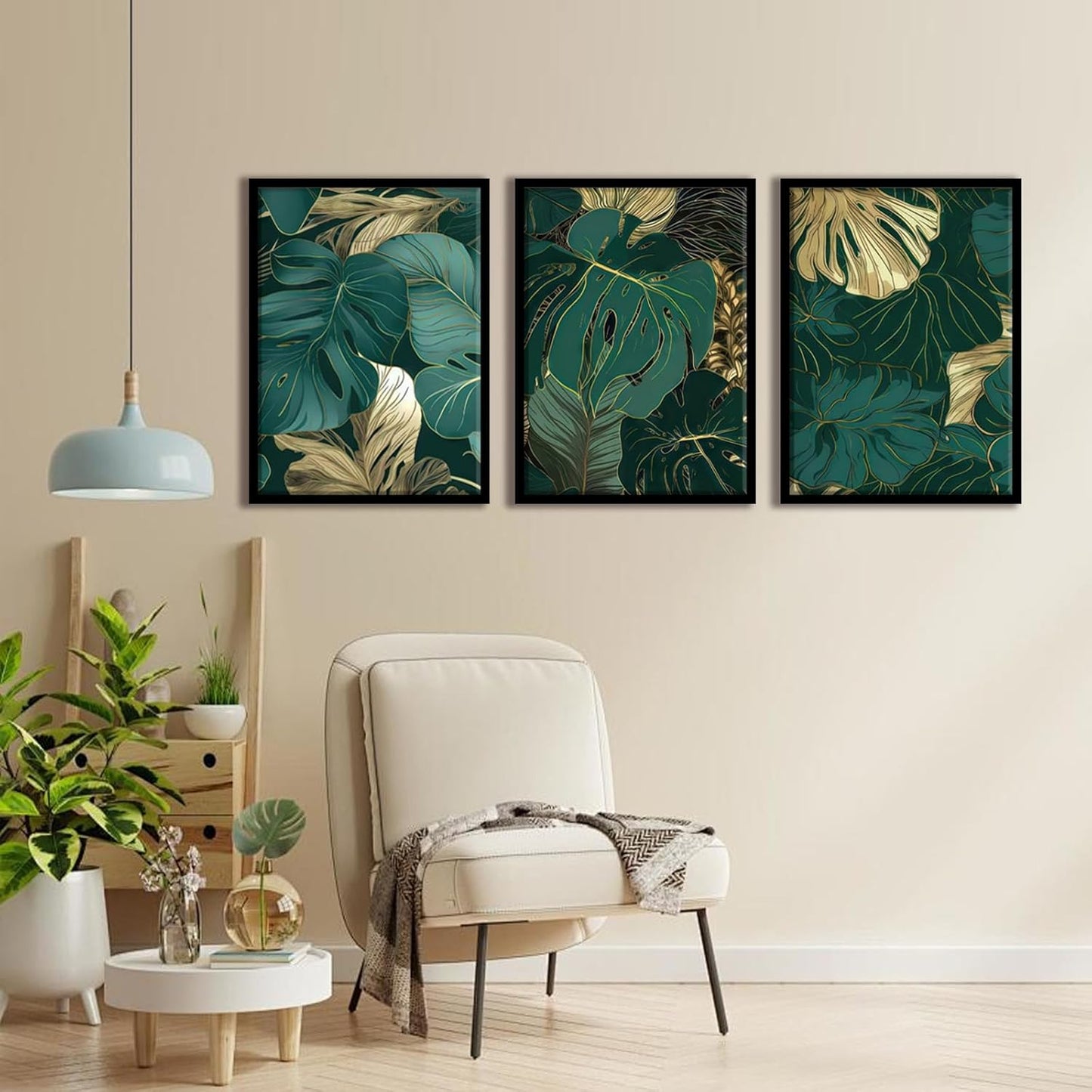 Framed Gold Green Wall Art Set of 3 Tropical Botanical Picture Emerald green Leaf Painting Prints Wall Decor with Black Frame Modern Plant Poster for Living Room Bedroom Bathroom Office 16x24Inch