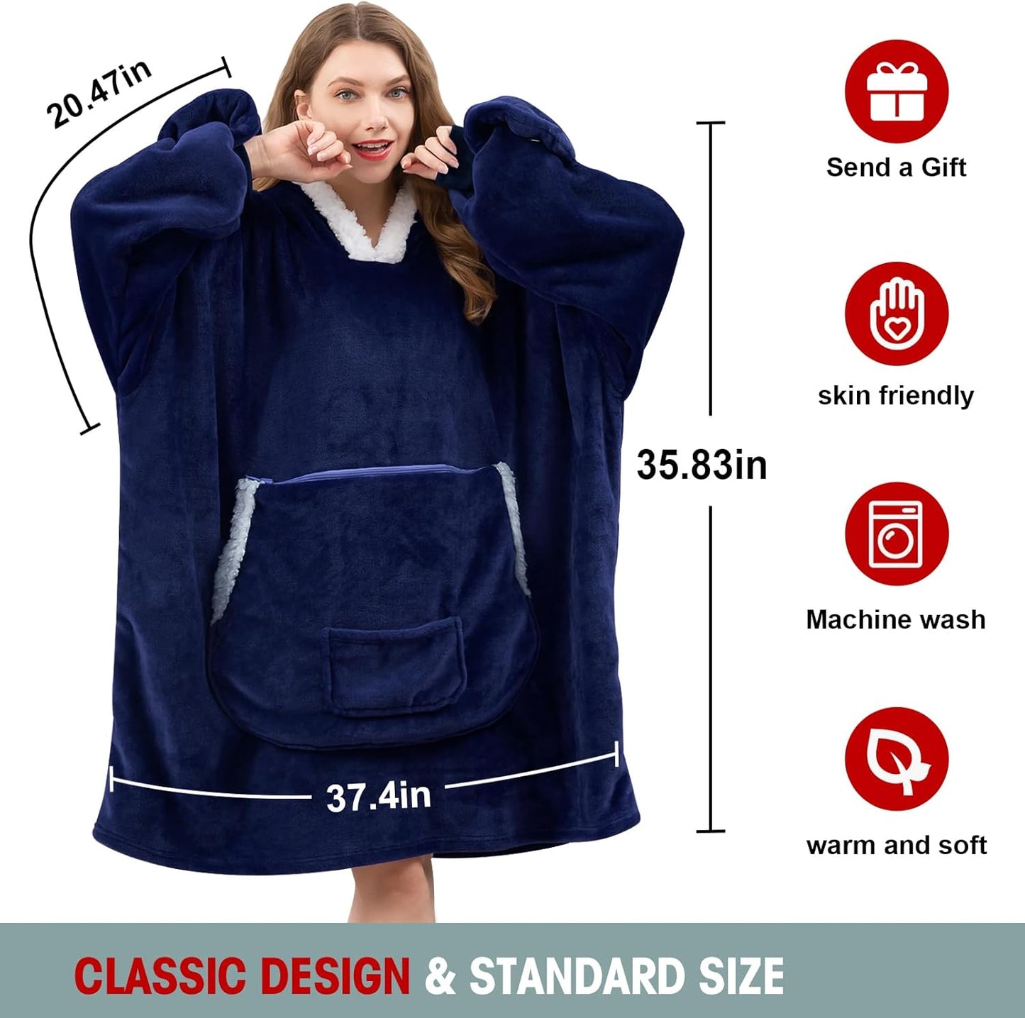 JOYWOO Navy Foldable Wearable Blanket Hoodie with Gloves,Oversized Cat Lovers Sweatshirt Blanket for Adult,Birthday Gifts for Men,Dad,Husband Cozy Sherpa Hooded Blanket with Giant Pocket Winter Gifts