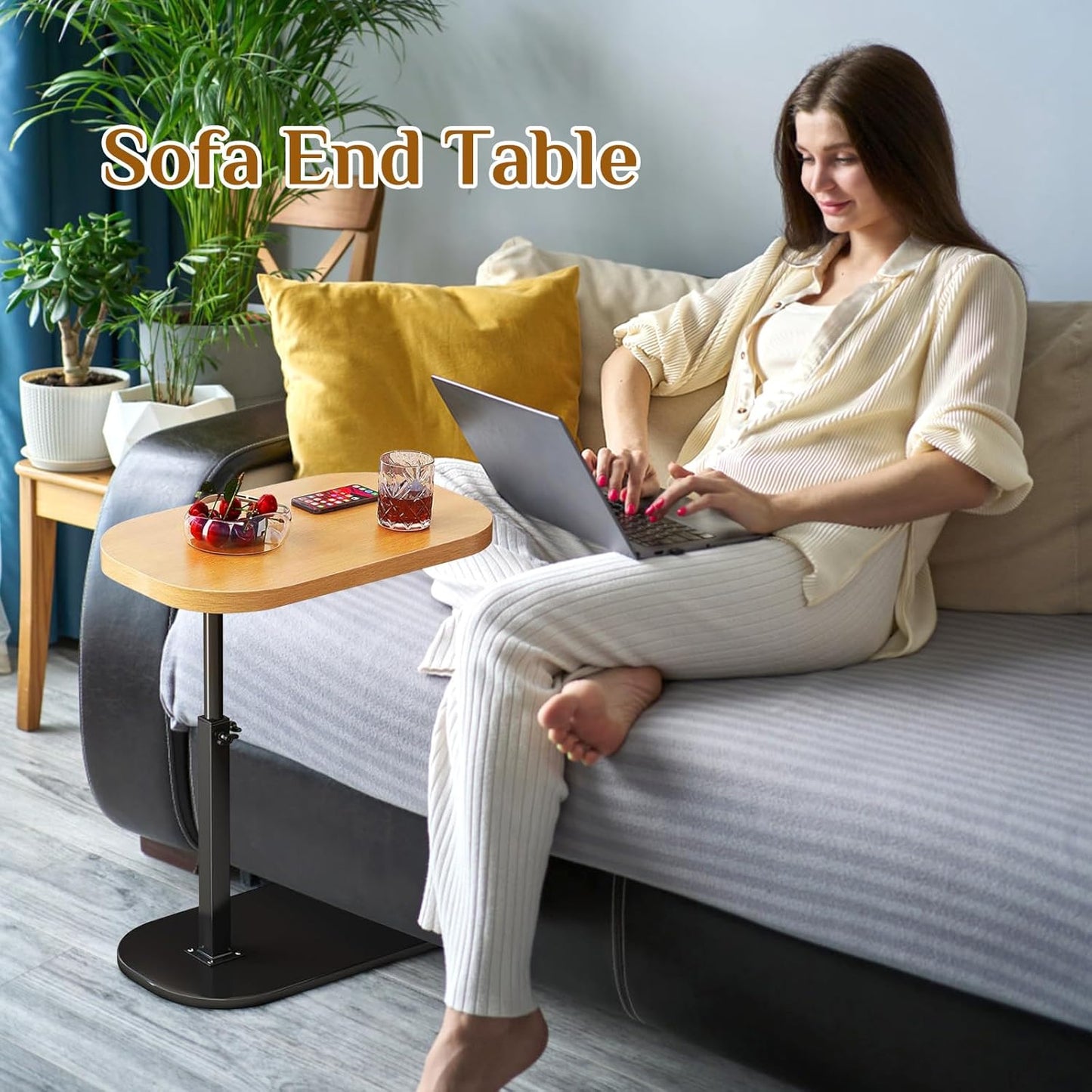 Simcat C Shaped Side Table,Adjustable Height C Table End Table for Couch,360°Swivel Couch Side Tables Slide Laptop Desk for Sofa/Bed/Bathtub/Rotating Tabletop (Log)