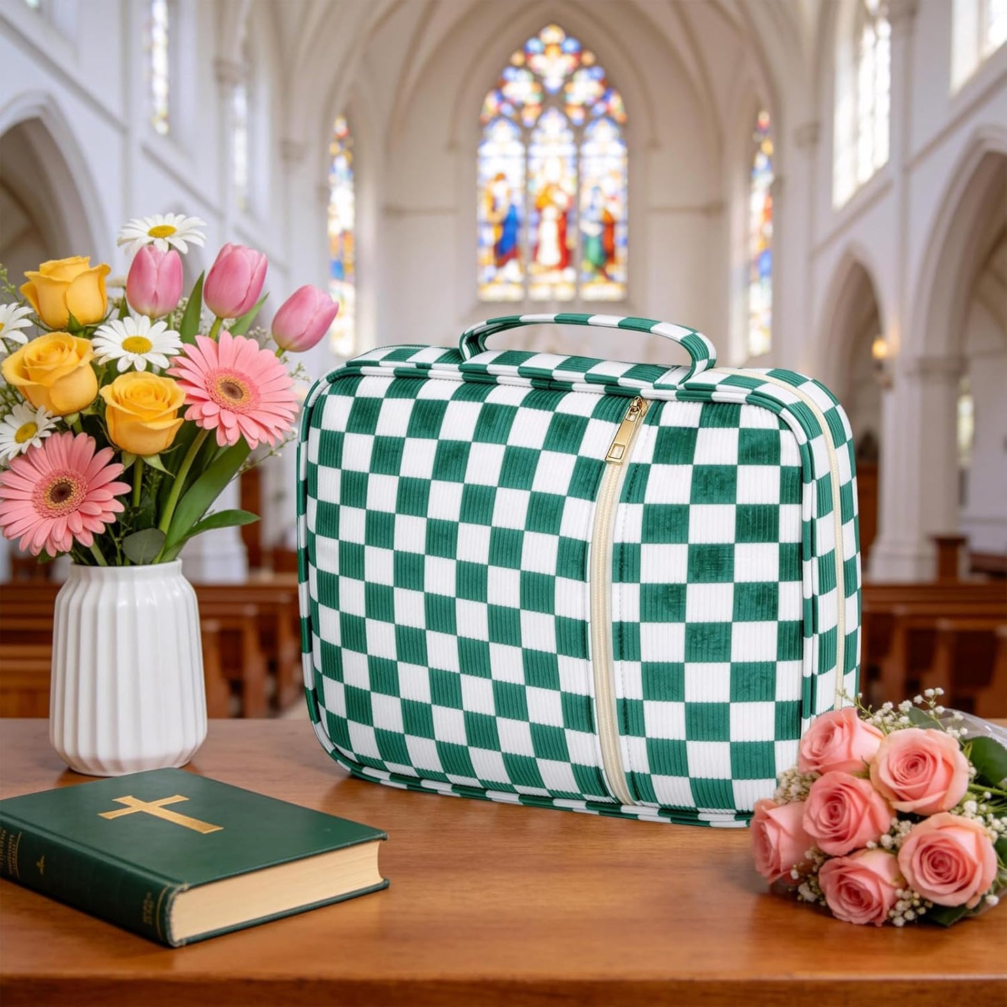 Large Quilted Bible Cover with Handle, Protective Bible Carrying Case with Pockets, All-in-One Bible Study Organizer for Church & Daily Study, Christian Gift for Women