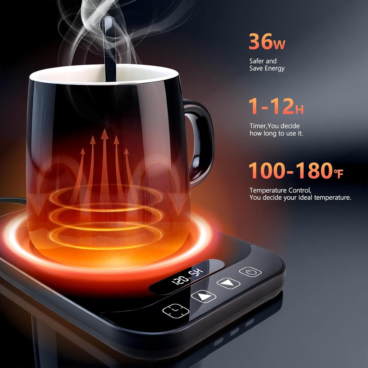 Coffee Mug Warmer Set for Gift: 36W Electric Smart Coffee Cup Warmer with 12 Mode Timer for Desk, Black 9 Mode Temperature Control Display Coffee Warmer Set Gift for Women Mom Men Coffee Lover, 14oz