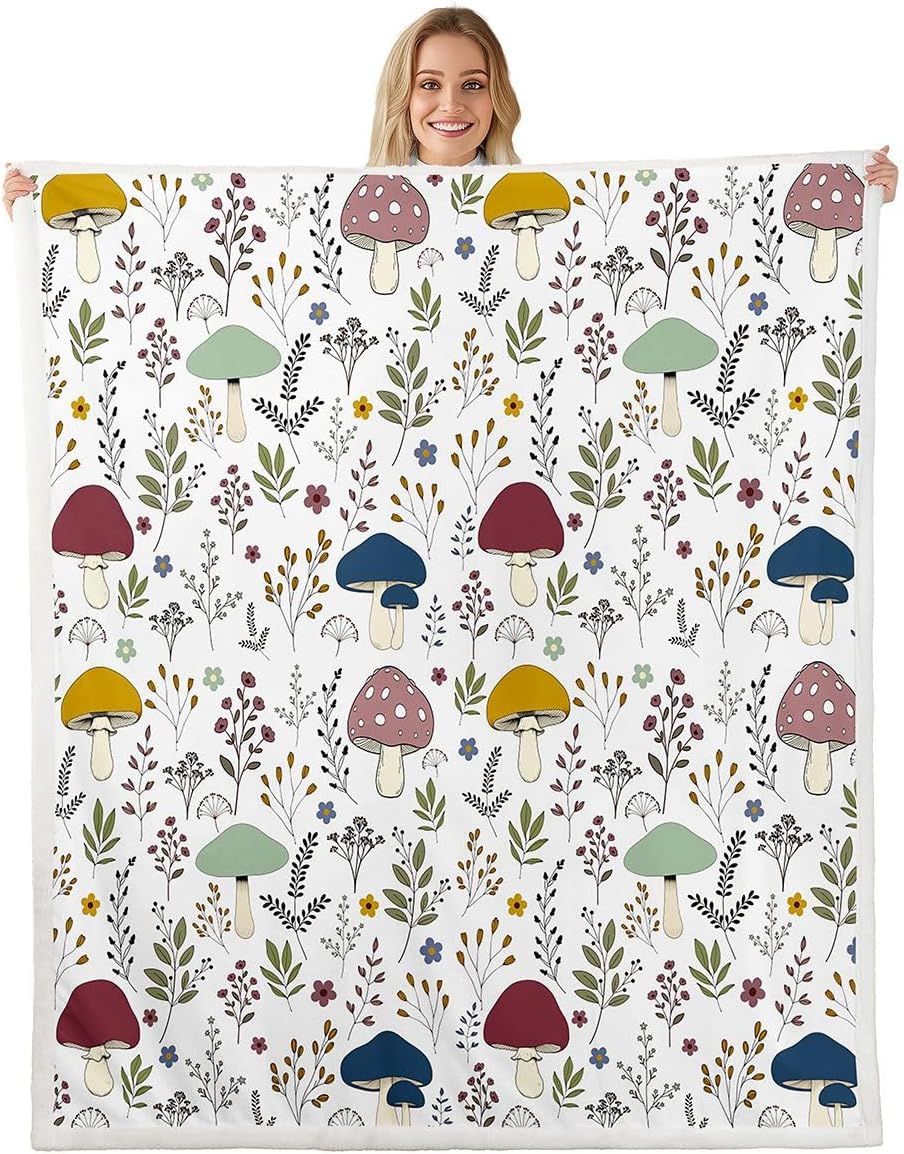 Feelyou Mushroom Sherpa Throw Blanket for Couch Boho Super Soft Cozy Fleece Vintage Floral Blanket for Winter, Plush Throw Throw 50"x60" All Season