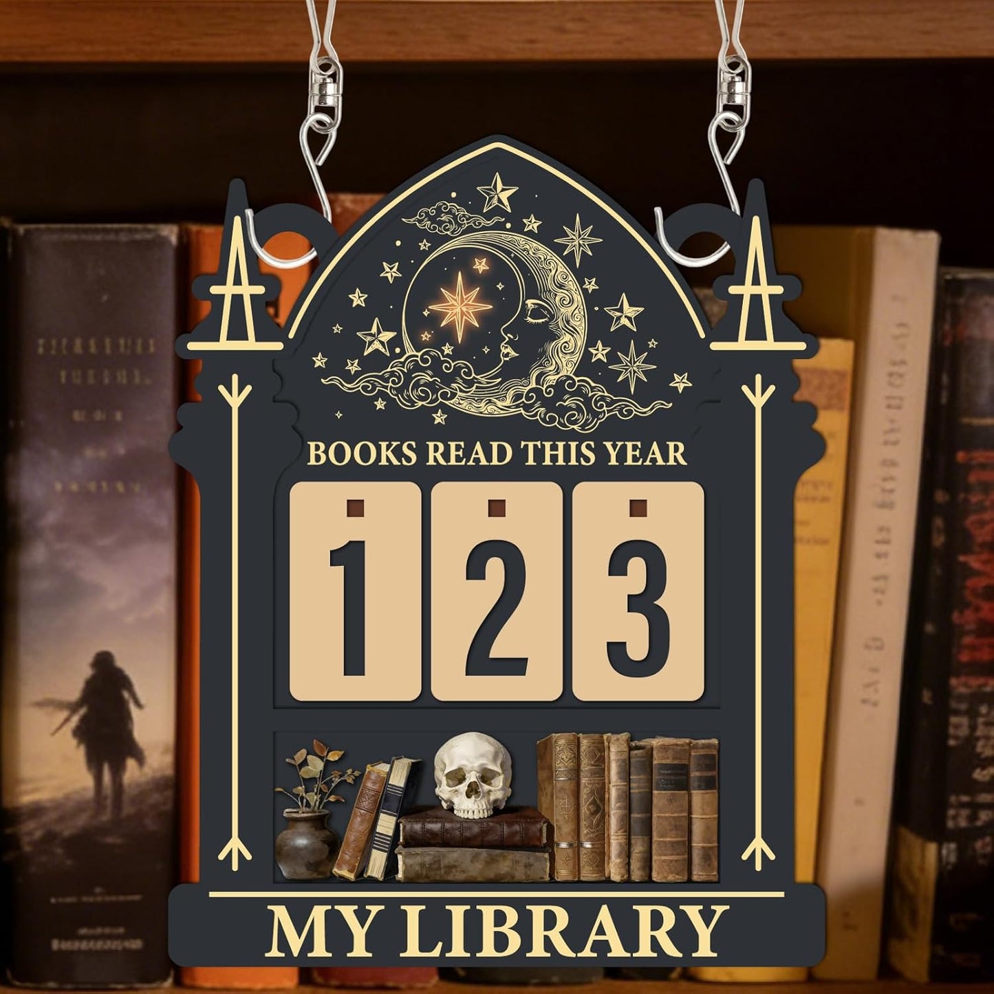 Books Read This Year Counter 7.5 x 5.9 x 0.2 Inch Book Shelf Reading Tracker for Home Library Decoration Moon Skull Design Wooden Counter Sign for Librarian Reader Bookworm Wall Accessories