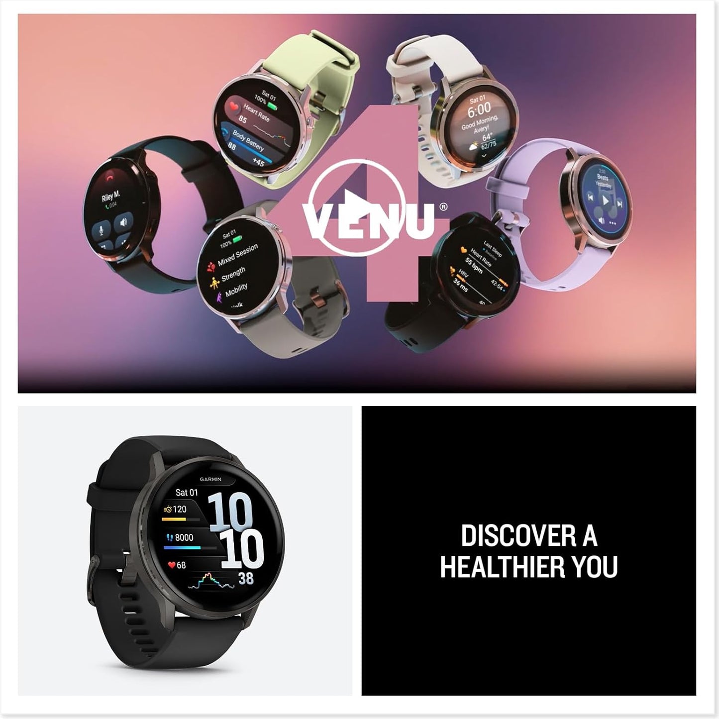 Garmin Venu® 4, 45mm, Advanced Health and Fitness GPS Smartwatch, Bright and Colorful Display, Built-in Flashlight, 12 Days of Battery Life, Slate with Black Silicone Band