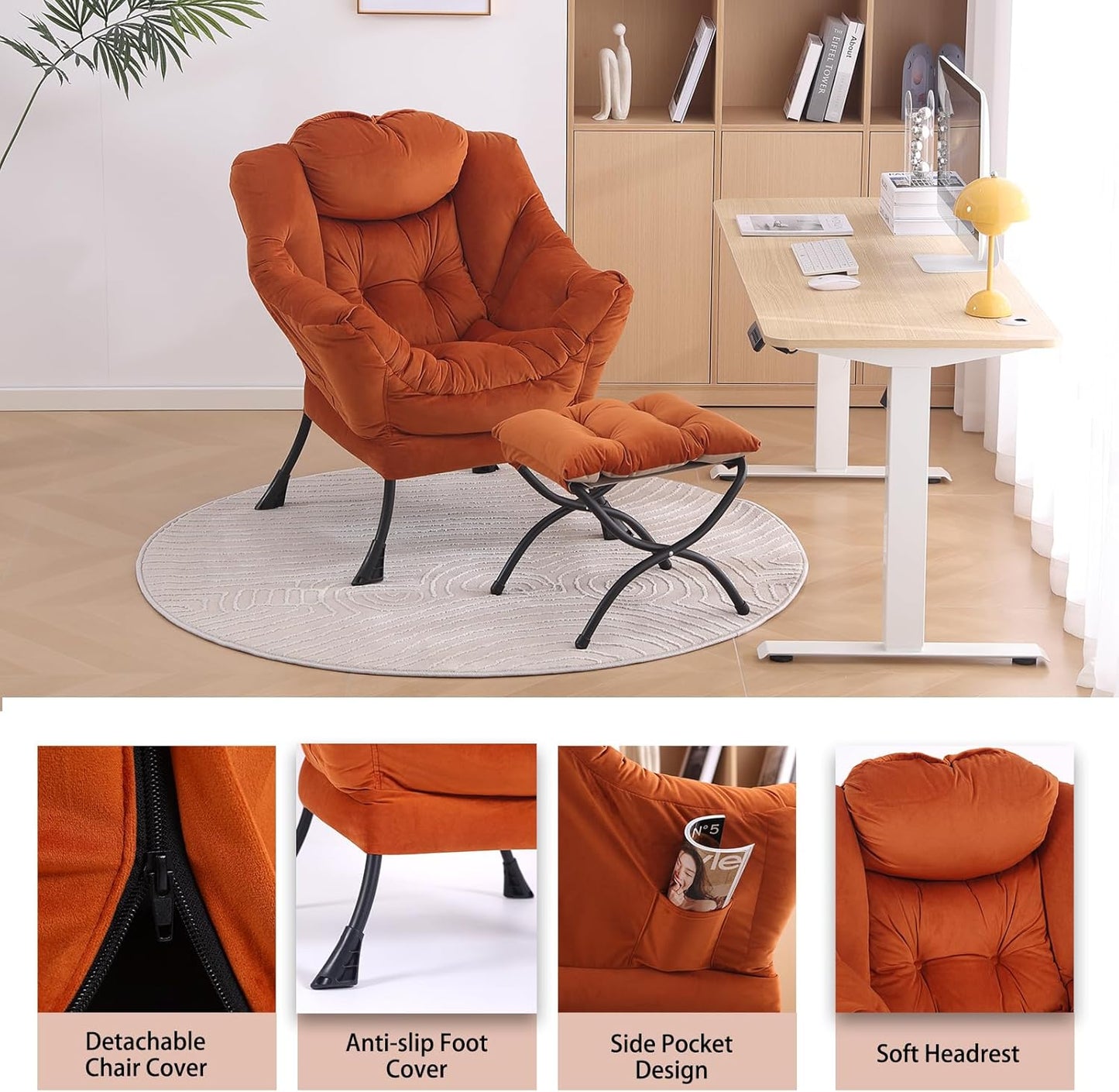 LITA Lazy Chair with Ottoman, Modern Lounge Accent Chair with Armrests and a Side Pocket, Leisure Upholstered Sofa Chairs Set, Reading Chairs with Footrest for Small Space,Orange