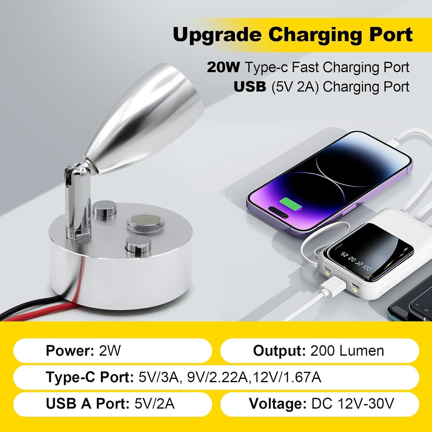 12V LED RV Interior Reading Light, Dimmable, with Dual USB Ports, RV Bedside Reading Light with Touch Switch, for Campers and Travel Trailers